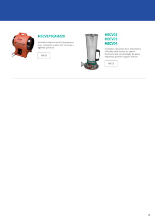 HECV02
HECV03
HECV04
Insuflador e exaustor de ar pneumático.
Utilizado para ventilar ou exaurir
áreas com alta concentração de gases
explosivos, poeiras ou gases tóxicos
HECV1P30AH220
Insuflador/Exaustor axial. Equipamento
leve, resistente a raios UV, corrosão e
agentes químicos.
NR33
NR33
31
 