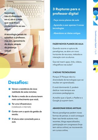 . Faça novos planos de aula
. Aprenda a usar apenas 3 novas
tecnologias
. Abandone as ideias antigas
Desafios:
TransformaçãoDigital|Pg#5
FAZER NOVOS PLANOS DE AULA
Quando ocorre a ruptura de
paradigmas, se abre um novo
horizonte de recursos, métodos e
interação com os alunos.
Que tal inserir apps, links, vídeos,
infográficos nas aulas?
3 NOVAS TECNOLOGIAS
Porque 3? Porque não é a
diversidade de tecnologias que vai
resultar em aprendizado.
E você dominando 3, poderá
dedicar mais tempos aos
processos pedagógicos.
Acredito que o Spark, o Padlet e o
Google já suprem bem.
ABANDONAR IDEIAS ANTIGAS
Novos paradigmas pedem novas
formas de pensar, e você consegue
fazer isso lendo autores mais
recentes, blogs especializados,
participação em congressos (hoje
tem vários online), se inscrevendo
em cursos online,
Vencer a resistência da nova
realidade de aulas remotas;
Perder o medo de os alunos terem
mais conhecimento que você;
Ter uma infraestrutura  
(notebook e internet);
Contar com o apoio da gestão da
escola;
O aluno estar conectado para a
aula
3 Rupturas para o
professor digital
A  
tecnologia  
não é a finalidade  
em si, ela é o meio  
que você leva o
conhecimento ao seu
aluno!
A tecnologia jamais irá
substituir o professor,
mas sim, aproximá-lo
do aluno, através  
da presença
virtual!
 