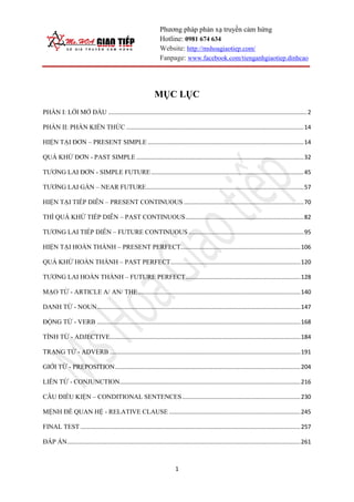 Phương pháp phản xạ truyền cảm hứng
Hotline: 0981 674 634
Website: http://mshoagiaotiep.com/
Fanpage: www.facebook.com/tienganhgiaotiep.dinhcao
1
MỤC LỤC
PHẦN I: LỜI MỞ ĐẦU .........................................................................................................................2
PHẦN II: PHẦN KIẾN THỨC ............................................................................................................14
HIỆN TẠI ĐƠN – PRESENT SIMPLE ...............................................................................................14
QUÁ KHỨ ĐƠN - PAST SIMPLE ......................................................................................................32
TƯƠNG LAI ĐƠN - SIMPLE FUTURE.............................................................................................45
TƯƠNG LAI GẦN – NEAR FUTURE................................................................................................57
HIỆN TẠI TIẾP DIỄN – PRESENT CONTINUOUS .........................................................................70
THÌ QUÁ KHỨ TIẾP DIỄN – PAST CONTINUOUS........................................................................82
TƯƠNG LAI TIẾP DIỄN – FUTURE CONTINUOUS ......................................................................95
HIỆN TẠI HOÀN THÀNH – PRESENT PERFECT.........................................................................106
QUÁ KHỨ HOÀN THÀNH – PAST PERFECT...............................................................................120
TƯƠNG LAI HOÀN THÀNH – FUTURE PERFECT......................................................................128
MẠO TỪ - ARTICLE A/ AN/ THE...................................................................................................140
DANH TỪ - NOUN............................................................................................................................147
ĐỘNG TỪ - VERB ............................................................................................................................168
TÍNH TỪ - ADJECTIVE....................................................................................................................184
TRẠNG TỪ - ADVERB ....................................................................................................................191
GIỚI TỪ - PREPOSITION.................................................................................................................204
LIÊN TỪ - CONJUNCTION..............................................................................................................216
CÂU ĐIỀU KIỆN – CONDITIONAL SENTENCES........................................................................230
MỆNH ĐỀ QUAN HỆ - RELATIVE CLAUSE ................................................................................245
FINAL TEST ......................................................................................................................................257
ĐÁP ÁN..............................................................................................................................................261
 