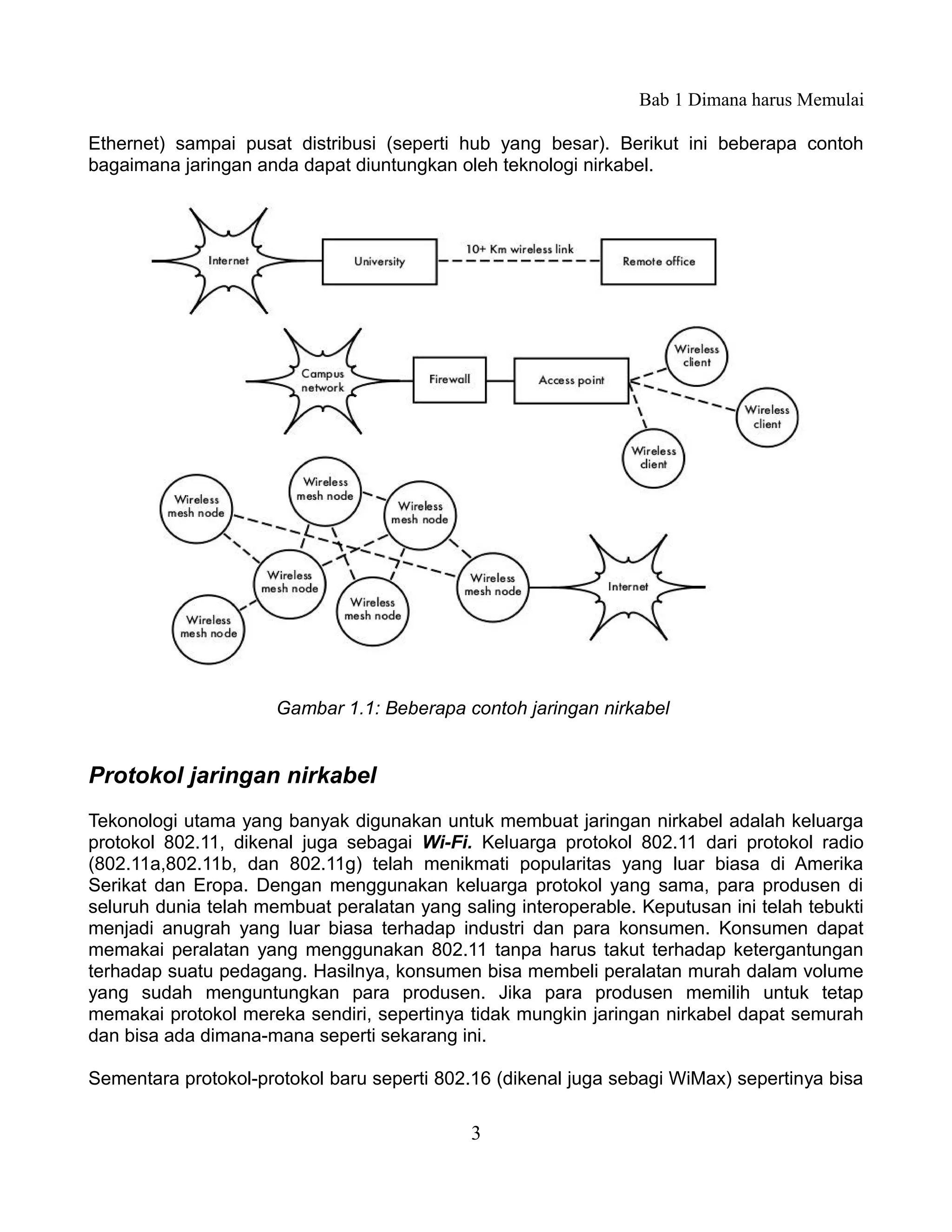 Bab 1 Dimana harus Memulai

Ethernet) sampai pusat distribusi (seperti hub yang besar). Berikut ini beberapa contoh
bagaimana jaringan anda dapat diuntungkan oleh teknologi nirkabel.




                      Gambar 1.1: Beberapa contoh jaringan nirkabel


Protokol jaringan nirkabel
Tekonologi utama yang banyak digunakan untuk membuat jaringan nirkabel adalah keluarga
protokol 802.11, dikenal juga sebagai Wi-Fi. Keluarga protokol 802.11 dari protokol radio
(802.11a,802.11b, dan 802.11g) telah menikmati popularitas yang luar biasa di Amerika
Serikat dan Eropa. Dengan menggunakan keluarga protokol yang sama, para produsen di
seluruh dunia telah membuat peralatan yang saling interoperable. Keputusan ini telah tebukti
menjadi anugrah yang luar biasa terhadap industri dan para konsumen. Konsumen dapat
memakai peralatan yang menggunakan 802.11 tanpa harus takut terhadap ketergantungan
terhadap suatu pedagang. Hasilnya, konsumen bisa membeli peralatan murah dalam volume
yang sudah menguntungkan para produsen. Jika para produsen memilih untuk tetap
memakai protokol mereka sendiri, sepertinya tidak mungkin jaringan nirkabel dapat semurah
dan bisa ada dimana-mana seperti sekarang ini.

Sementara protokol-protokol baru seperti 802.16 (dikenal juga sebagi WiMax) sepertinya bisa

                                             3
 