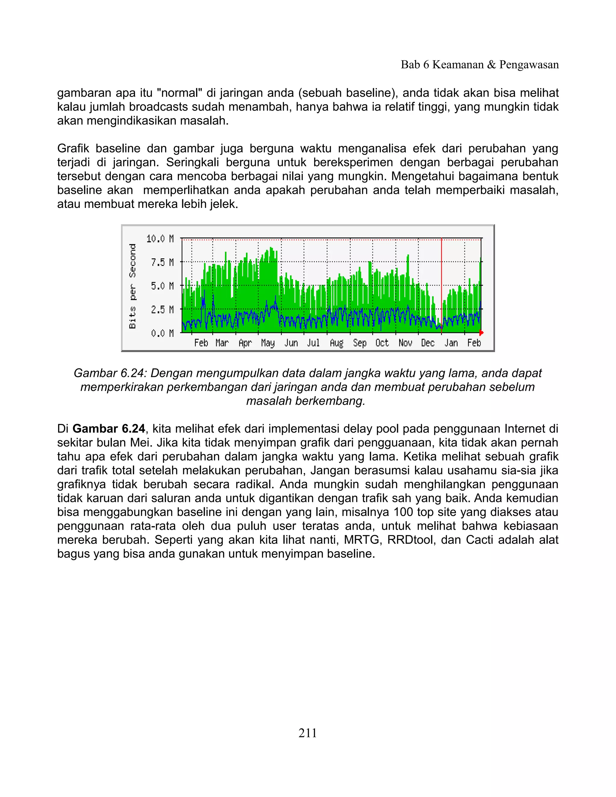 Bab 6 Keamanan & Pengawasan

gambaran apa itu "normal" di jaringan anda (sebuah baseline), anda tidak akan bisa melihat
kalau jumlah broadcasts sudah menambah, hanya bahwa ia relatif tinggi, yang mungkin tidak
akan mengindikasikan masalah.

Grafik baseline dan gambar juga berguna waktu menganalisa efek dari perubahan yang
terjadi di jaringan. Seringkali berguna untuk bereksperimen dengan berbagai perubahan
tersebut dengan cara mencoba berbagai nilai yang mungkin. Mengetahui bagaimana bentuk
baseline akan memperlihatkan anda apakah perubahan anda telah memperbaiki masalah,
atau membuat mereka lebih jelek.




  Gambar 6.24: Dengan mengumpulkan data dalam jangka waktu yang lama, anda dapat
   memperkirakan perkembangan dari jaringan anda dan membuat perubahan sebelum
                             masalah berkembang.

Di Gambar 6.24, kita melihat efek dari implementasi delay pool pada penggunaan Internet di
sekitar bulan Mei. Jika kita tidak menyimpan grafik dari pengguanaan, kita tidak akan pernah
tahu apa efek dari perubahan dalam jangka waktu yang lama. Ketika melihat sebuah grafik
dari trafik total setelah melakukan perubahan, Jangan berasumsi kalau usahamu sia-sia jika
grafiknya tidak berubah secara radikal. Anda mungkin sudah menghilangkan penggunaan
tidak karuan dari saluran anda untuk digantikan dengan trafik sah yang baik. Anda kemudian
bisa menggabungkan baseline ini dengan yang lain, misalnya 100 top site yang diakses atau
penggunaan rata-rata oleh dua puluh user teratas anda, untuk melihat bahwa kebiasaan
mereka berubah. Seperti yang akan kita lihat nanti, MRTG, RRDtool, dan Cacti adalah alat
bagus yang bisa anda gunakan untuk menyimpan baseline.




                                            211
 