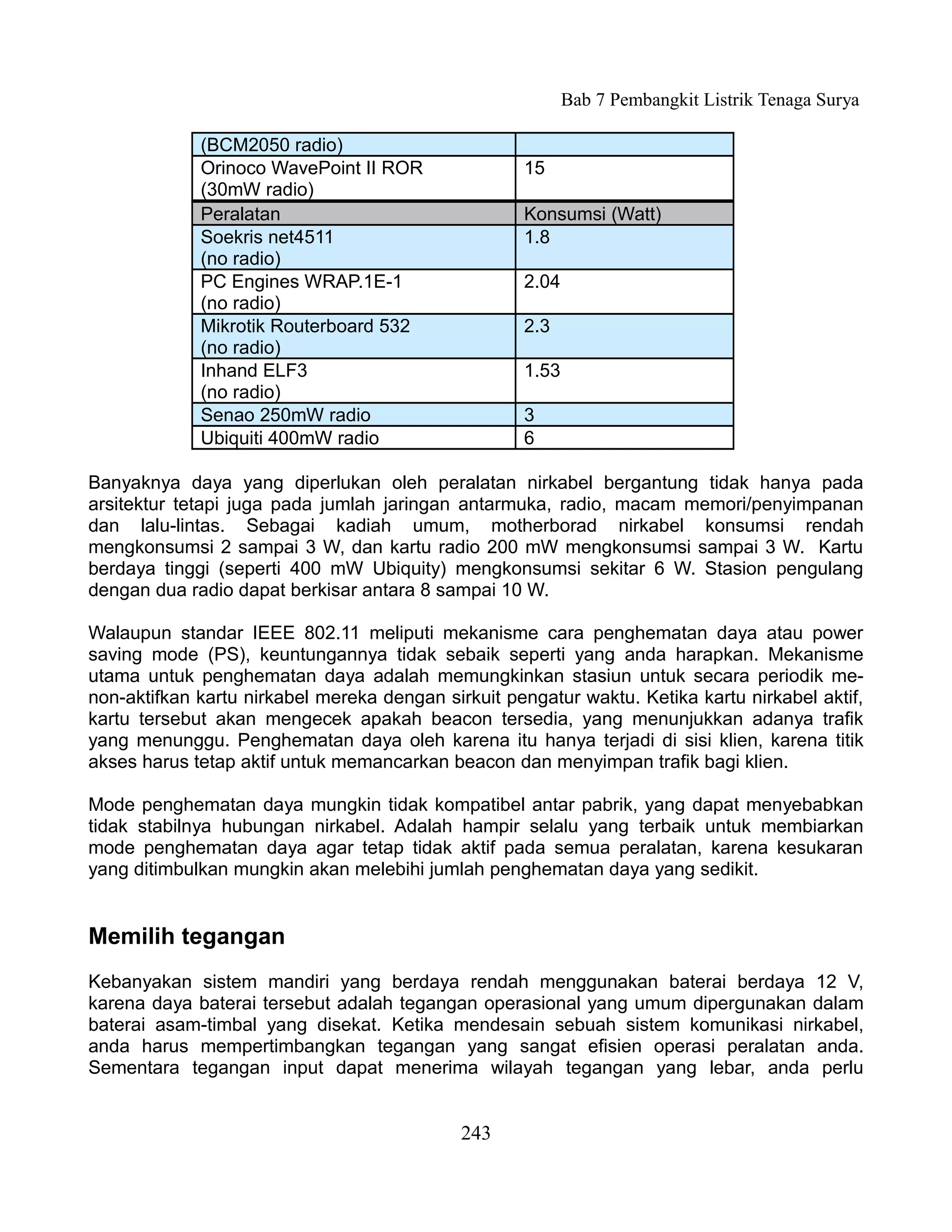 Bab 7 Pembangkit Listrik Tenaga Surya

             (BCM2050 radio)
             Orinoco WavePoint II ROR               15
             (30mW radio)
             Peralatan                              Konsumsi (Watt)
             Soekris net4511                        1.8
             (no radio)
             PC Engines WRAP.1E-1                   2.04
             (no radio)
             Mikrotik Routerboard 532               2.3
             (no radio)
             Inhand ELF3                            1.53
             (no radio)
             Senao 250mW radio                      3
             Ubiquiti 400mW radio                   6

Banyaknya daya yang diperlukan oleh peralatan nirkabel bergantung tidak hanya pada
arsitektur tetapi juga pada jumlah jaringan antarmuka, radio, macam memori/penyimpanan
dan lalu-lintas. Sebagai kadiah umum, motherborad nirkabel konsumsi rendah
mengkonsumsi 2 sampai 3 W, dan kartu radio 200 mW mengkonsumsi sampai 3 W. Kartu
berdaya tinggi (seperti 400 mW Ubiquity) mengkonsumsi sekitar 6 W. Stasion pengulang
dengan dua radio dapat berkisar antara 8 sampai 10 W.

Walaupun standar IEEE 802.11 meliputi mekanisme cara penghematan daya atau power
saving mode (PS), keuntungannya tidak sebaik seperti yang anda harapkan. Mekanisme
utama untuk penghematan daya adalah memungkinkan stasiun untuk secara periodik me-
non-aktifkan kartu nirkabel mereka dengan sirkuit pengatur waktu. Ketika kartu nirkabel aktif,
kartu tersebut akan mengecek apakah beacon tersedia, yang menunjukkan adanya trafik
yang menunggu. Penghematan daya oleh karena itu hanya terjadi di sisi klien, karena titik
akses harus tetap aktif untuk memancarkan beacon dan menyimpan trafik bagi klien.

Mode penghematan daya mungkin tidak kompatibel antar pabrik, yang dapat menyebabkan
tidak stabilnya hubungan nirkabel. Adalah hampir selalu yang terbaik untuk membiarkan
mode penghematan daya agar tetap tidak aktif pada semua peralatan, karena kesukaran
yang ditimbulkan mungkin akan melebihi jumlah penghematan daya yang sedikit.


Memilih tegangan
Kebanyakan sistem mandiri yang berdaya rendah menggunakan baterai berdaya 12 V,
karena daya baterai tersebut adalah tegangan operasional yang umum dipergunakan dalam
baterai asam-timbal yang disekat. Ketika mendesain sebuah sistem komunikasi nirkabel,
anda harus mempertimbangkan tegangan yang sangat efisien operasi peralatan anda.
Sementara tegangan input dapat menerima wilayah tegangan yang lebar, anda perlu


                                             243
 
