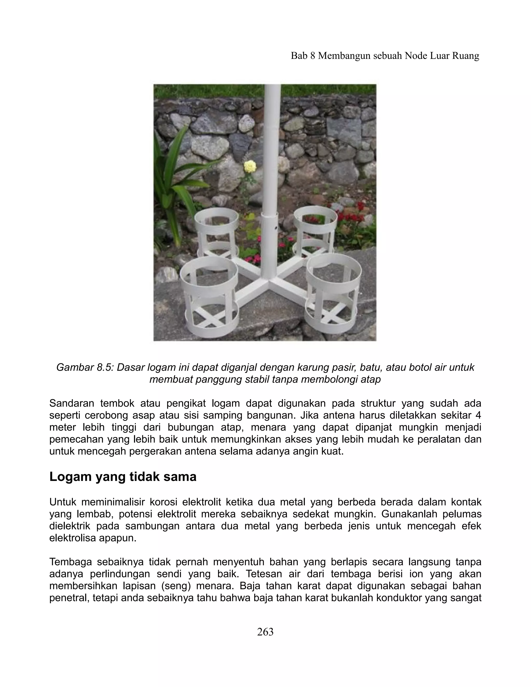 Bab 8 Membangun sebuah Node Luar Ruang




 Gambar 8.5: Dasar logam ini dapat diganjal dengan karung pasir, batu, atau botol air untuk
                    membuat panggung stabil tanpa membolongi atap

Sandaran tembok atau pengikat logam dapat digunakan pada struktur yang sudah ada
seperti cerobong asap atau sisi samping bangunan. Jika antena harus diletakkan sekitar 4
meter lebih tinggi dari bubungan atap, menara yang dapat dipanjat mungkin menjadi
pemecahan yang lebih baik untuk memungkinkan akses yang lebih mudah ke peralatan dan
untuk mencegah pergerakan antena selama adanya angin kuat.

Logam yang tidak sama
Untuk meminimalisir korosi elektrolit ketika dua metal yang berbeda berada dalam kontak
yang lembab, potensi elektrolit mereka sebaiknya sedekat mungkin. Gunakanlah pelumas
dielektrik pada sambungan antara dua metal yang berbeda jenis untuk mencegah efek
elektrolisa apapun.

Tembaga sebaiknya tidak pernah menyentuh bahan yang berlapis secara langsung tanpa
adanya perlindungan sendi yang baik. Tetesan air dari tembaga berisi ion yang akan
membersihkan lapisan (seng) menara. Baja tahan karat dapat digunakan sebagai bahan
penetral, tetapi anda sebaiknya tahu bahwa baja tahan karat bukanlah konduktor yang sangat


                                            263
 
