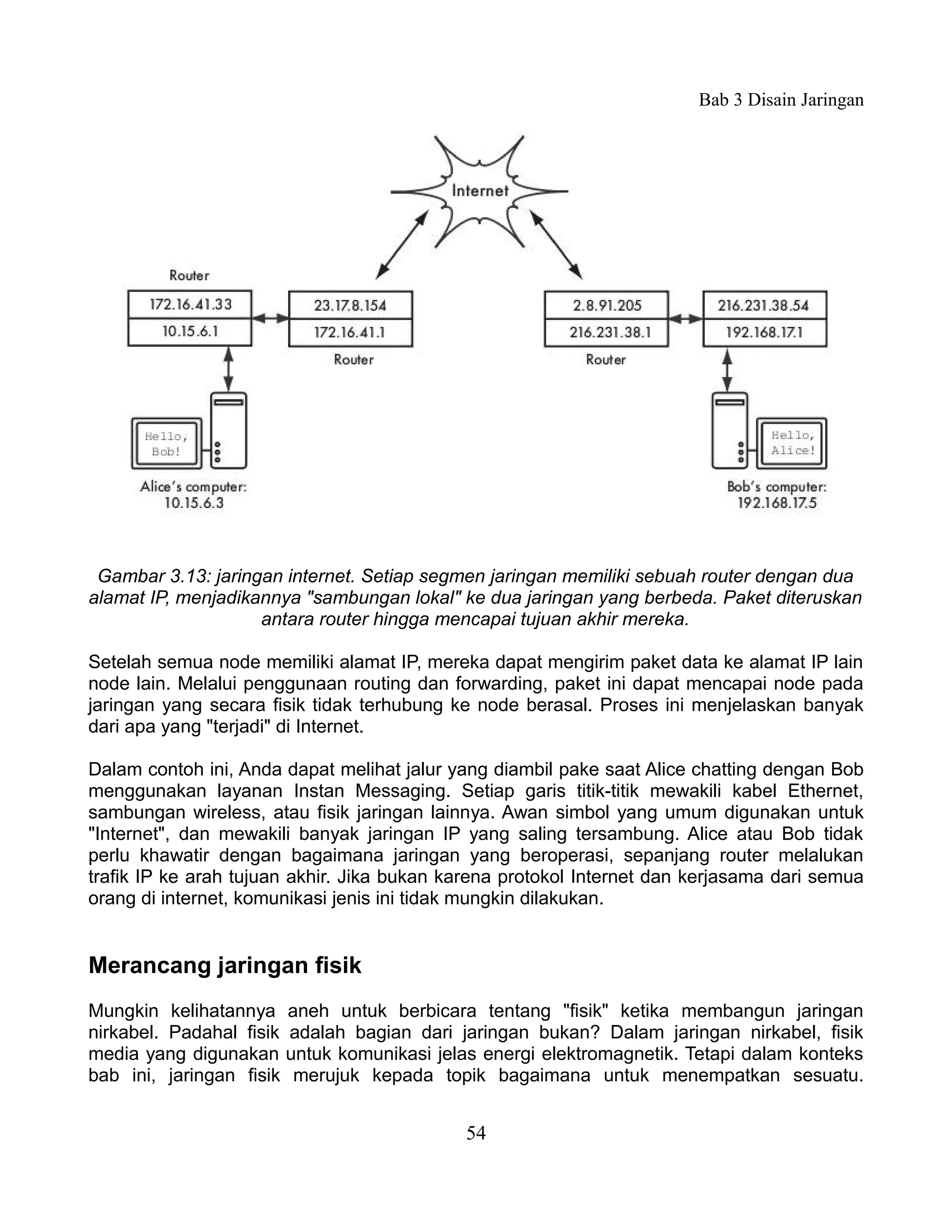 Bab 3 Disain Jaringan




 Gambar 3.13: jaringan internet. Setiap segmen jaringan memiliki sebuah router dengan dua
alamat IP, menjadikannya "sambungan lokal" ke dua jaringan yang berbeda. Paket diteruskan
                    antara router hingga mencapai tujuan akhir mereka.

Setelah semua node memiliki alamat IP, mereka dapat mengirim paket data ke alamat IP lain
node lain. Melalui penggunaan routing dan forwarding, paket ini dapat mencapai node pada
jaringan yang secara fisik tidak terhubung ke node berasal. Proses ini menjelaskan banyak
dari apa yang "terjadi" di Internet.

Dalam contoh ini, Anda dapat melihat jalur yang diambil pake saat Alice chatting dengan Bob
menggunakan layanan Instan Messaging. Setiap garis titik-titik mewakili kabel Ethernet,
sambungan wireless, atau fisik jaringan lainnya. Awan simbol yang umum digunakan untuk
"Internet", dan mewakili banyak jaringan IP yang saling tersambung. Alice atau Bob tidak
perlu khawatir dengan bagaimana jaringan yang beroperasi, sepanjang router melalukan
trafik IP ke arah tujuan akhir. Jika bukan karena protokol Internet dan kerjasama dari semua
orang di internet, komunikasi jenis ini tidak mungkin dilakukan.


Merancang jaringan fisik
Mungkin kelihatannya aneh untuk berbicara tentang "fisik" ketika membangun jaringan
nirkabel. Padahal fisik adalah bagian dari jaringan bukan? Dalam jaringan nirkabel, fisik
media yang digunakan untuk komunikasi jelas energi elektromagnetik. Tetapi dalam konteks
bab ini, jaringan fisik merujuk kepada topik bagaimana untuk menempatkan sesuatu.


                                            54
 