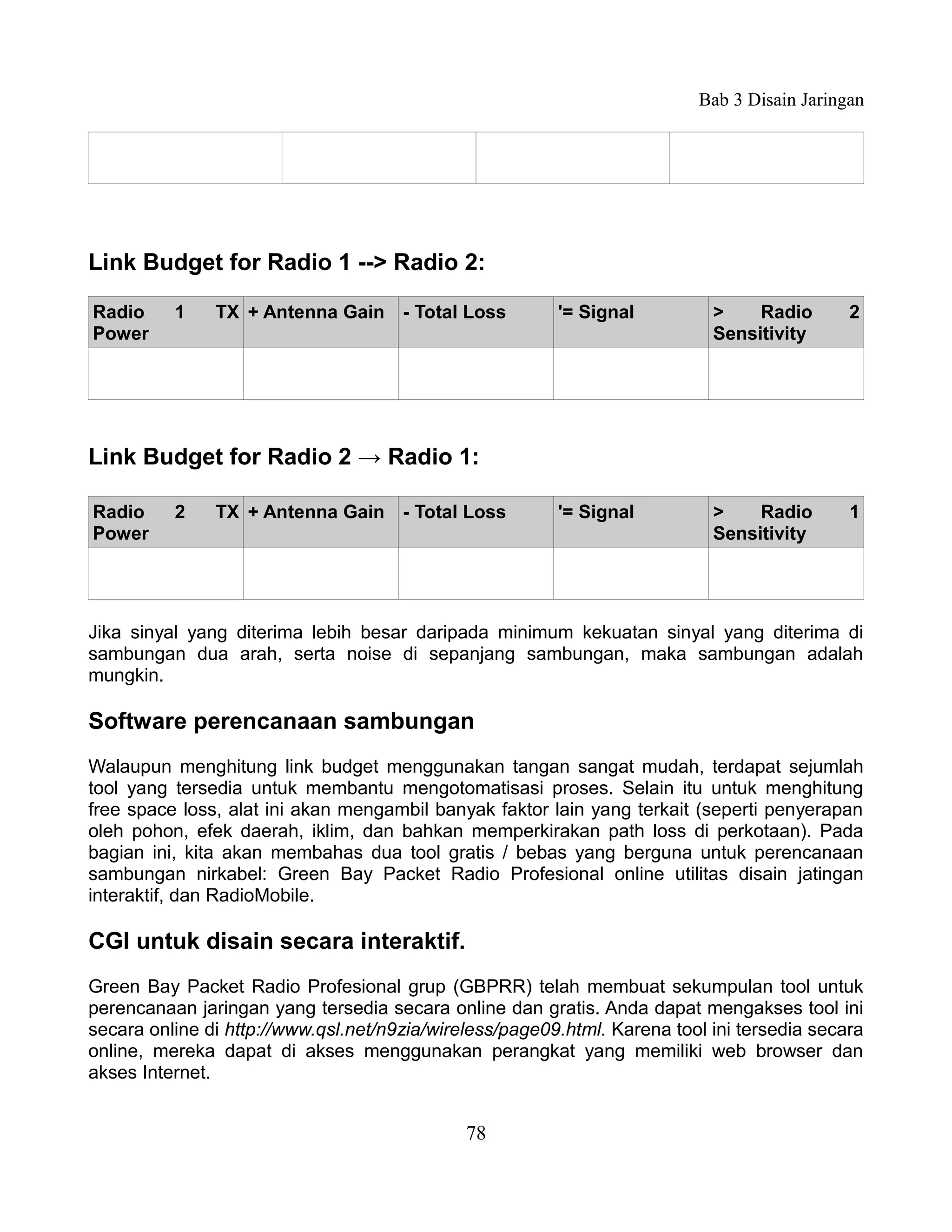 Bab 3 Disain Jaringan




Link Budget for Radio 1 --> Radio 2:

Radio     1    TX + Antenna Gain - Total Loss            '= Signal          >    Radio       2
Power                                                                       Sensitivity




Link Budget for Radio 2 → Radio 1:

Radio     2    TX + Antenna Gain - Total Loss            '= Signal          >    Radio       1
Power                                                                       Sensitivity




Jika sinyal yang diterima lebih besar daripada minimum kekuatan sinyal yang diterima di
sambungan dua arah, serta noise di sepanjang sambungan, maka sambungan adalah
mungkin.

Software perencanaan sambungan
Walaupun menghitung link budget menggunakan tangan sangat mudah, terdapat sejumlah
tool yang tersedia untuk membantu mengotomatisasi proses. Selain itu untuk menghitung
free space loss, alat ini akan mengambil banyak faktor lain yang terkait (seperti penyerapan
oleh pohon, efek daerah, iklim, dan bahkan memperkirakan path loss di perkotaan). Pada
bagian ini, kita akan membahas dua tool gratis / bebas yang berguna untuk perencanaan
sambungan nirkabel: Green Bay Packet Radio Profesional online utilitas disain jatingan
interaktif, dan RadioMobile.

CGI untuk disain secara interaktif.
Green Bay Packet Radio Profesional grup (GBPRR) telah membuat sekumpulan tool untuk
perencanaan jaringan yang tersedia secara online dan gratis. Anda dapat mengakses tool ini
secara online di http://www.qsl.net/n9zia/wireless/page09.html. Karena tool ini tersedia secara
online, mereka dapat di akses menggunakan perangkat yang memiliki web browser dan
akses Internet.


                                              78
 