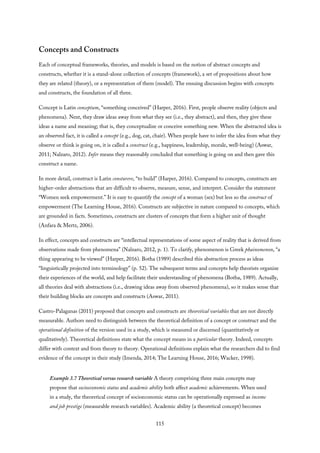 Concepts and Constructs
Each of conceptual frameworks, theories, and models is based on the notion of abstract concepts and
constructs, whether it is a stand-alone collection of concepts (framework), a set of propositions about how
they are related (theory), or a representation of them (model). The ensuing discussion begins with concepts
and constructs, the foundation of all three.
Concept is Latin conceptum, “something conceived” (Harper, 2016). First, people observe reality (objects and
phenomena). Next, they draw ideas away from what they see (i.e., they abstract), and then, they give these
ideas a name and meaning; that is, they conceptualize or conceive something new. When the abstracted idea is
an observed fact, it is called a concept (e.g., dog, cat, chair). When people have to infer the idea from what they
observe or think is going on, it is called a construct (e.g., happiness, leadership, morale, well-being) (Aswar,
2011; Nalzaro, 2012). Infer means they reasonably concluded that something is going on and then gave this
construct a name.
In more detail, construct is Latin consturere, “to build” (Harper, 2016). Compared to concepts, constructs are
higher-order abstractions that are difficult to observe, measure, sense, and interpret. Consider the statement
“Women seek empowerment.” It is easy to quantify the concept of a woman (sex) but less so the construct of
empowerment (The Learning House, 2016). Constructs are subjective in nature compared to concepts, which
are grounded in facts. Sometimes, constructs are clusters of concepts that form a higher unit of thought
(Anfara & Mertz, 2006).
In effect, concepts and constructs are “intellectual representations of some aspect of reality that is derived from
observations made from phenomena” (Nalzaro, 2012, p. 1). To clarify, phenomenon is Greek phainomenon, “a
thing appearing to be viewed” (Harper, 2016). Botha (1989) described this abstraction process as ideas
“linguistically projected into terminology” (p. 52). The subsequent terms and concepts help theorists organize
their experiences of the world, and help facilitate their understanding of phenomena (Botha, 1989). Actually,
all theories deal with abstractions (i.e., drawing ideas away from observed phenomena), so it makes sense that
their building blocks are concepts and constructs (Aswar, 2011).
Castro-Palaganas (2011) proposed that concepts and constructs are theoretical variables that are not directly
measurable. Authors need to distinguish between the theoretical definition of a concept or construct and the
operational definition of the version used in a study, which is measured or discerned (quantitatively or
qualitatively). Theoretical definitions state what the concept means in a particular theory. Indeed, concepts
differ with context and from theory to theory. Operational definitions explain what the researchers did to find
evidence of the concept in their study (Imenda, 2014; The Learning House, 2016; Wacker, 1998).
Example 3.7 Theoretical versus research variable A theory comprising three main concepts may
propose that socioeconomic status and academic ability both affect academic achievements. When used
in a study, the theoretical concept of socioeconomic status can be operationally expressed as income
and job prestige (measurable research variables). Academic ability (a theoretical concept) becomes
115
 