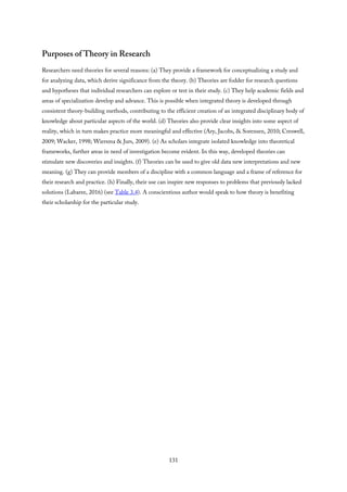 Purposes of Theory in Research
Researchers need theories for several reasons: (a) They provide a framework for conceptualizing a study and
for analyzing data, which derive significance from the theory. (b) Theories are fodder for research questions
and hypotheses that individual researchers can explore or test in their study. (c) They help academic fields and
areas of specialization develop and advance. This is possible when integrated theory is developed through
consistent theory-building methods, contributing to the efficient creation of an integrated disciplinary body of
knowledge about particular aspects of the world. (d) Theories also provide clear insights into some aspect of
reality, which in turn makes practice more meaningful and effective (Ary, Jacobs, & Sorensen, 2010; Creswell,
2009; Wacker, 1998; Wiersma & Jurs, 2009). (e) As scholars integrate isolated knowledge into theoretical
frameworks, further areas in need of investigation become evident. In this way, developed theories can
stimulate new discoveries and insights. (f) Theories can be used to give old data new interpretations and new
meaning. (g) They can provide members of a discipline with a common language and a frame of reference for
their research and practice. (h) Finally, their use can inspire new responses to problems that previously lacked
solutions (Labaree, 2016) (see Table 3.4). A conscientious author would speak to how theory is benefiting
their scholarship for the particular study.
131
 