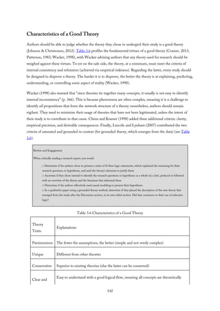 Characteristics of a Good Theory
Authors should be able to judge whether the theory they chose to undergird their study is a good theory
(Johnson & Christensen, 2012). Table 3.6 profiles the fundamental virtues of a good theory (Cramer, 2013;
Patterson, 1983; Wacker, 1998), with Wacker advising authors that any theory used for research should be
weighed against these virtues. To err on the safe side, the theory, at a minimum, must meet the criteria of
internal consistency and refutation (achieved via empirical riskiness). Regarding the latter, every study should
be designed to disprove a theory. The harder it is to disprove, the better the theory is at explaining, predicting,
understanding, or controlling some aspect of reality (Wacker, 1998).
Wacker (1998) also warned that “since theories tie together many concepts, it usually is not easy to identify
internal inconsistency” (p. 366). This is because phenomena are often complex, meaning it is a challenge to
identify all propositions that form the network structure of a theory; nonetheless, authors should remain
vigilant. They need to minimize their usage of theories that have not been legitimated, unless the intent of
their study is to contribute to that cause. Chinn and Kramer (1998) added three additional criteria: clarity,
empirical precision, and derivable consequences. Finally, Lincoln and Lynham (2007) contributed the two
criteria of saturated and grounded in context (for grounded theory, which emerges from the data) (see Table
3.6).
Review and Engagement
When critically reading a research report, you would
□ Determine if the authors chose to present a series of if–then logic statements, which explained the reasoning for their
research questions or hypotheses, and used the theory’s elements to justify them
□ Ascertain if they chose instead to identify the research questions or hypotheses as a whole (in a list), prefaced or followed
with an overview of the theory and the literature that informed them
□ Determine if the authors effectively used causal modeling to present their hypotheses
□ In a qualitative paper using a grounded theory method, determine if they placed the description of the new theory that
emerged from the study after the Discussion section, in its own titled section. Did they comment on their use of inductive
logic?
Table 3.6 Characteristics of a Good Theory
Theory
Traits
Explanations
Parsimonious The fewer the assumptions, the better (simple and not overly complex)
Unique Different from other theories
Conservative Superior to existing theories (else the latter can be conserved)
Clear and
Easy to understand with a good logical flow, meaning all concepts are theoretically
142
 