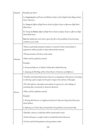 Equation Examples, per above:
1a. Comparing Rates of Practice and Midterm Grades in Four Eighth-Grade Magnet School
Science Classrooms
2a. Testing the Effects of High-Protein Snacks and Quiz Grades on Afternoon High School
Math Classes
2b. Testing the Relative Effects of High-Protein Snacks and Quiz Grades on Afternoon High
School Math Classes
Note that adding the word relative opens the title to the possibility of several testing
conditions in one study
Situation
• Names a particularly important situation or context for which critical details or
explanations will be provided, to help understand the situation
• The key situation is the focus of the article
• Often used for qualitative research
Examples:
3. Situational Influences on Children’s Beliefs About Global Warming
4. Analyzing the Web Blogs of Three School Shooters: Similarities and Differences
Process
• Variables and relationships between them are an integral part of the process of reaching
or achieving a goal or target, but the goal or target is the real focus of the paper
• The title indicates a description and analysis of a process (i.e., the workings of
something, like a community or classroom dynamics)
• Often used for qualitative research
Examples:
5. Working With Parents on a Supplemental Character Education Program for Elementary
School Children
6. Reflecting on a Teacher Research Study About Young Children’s Sociodramatic Play
• Identifies a theory or model that will be created and/or tested
• Article will report a complex model or extended theoretical discussion
• Can be used for both qualitative and quantitative studies
170
 