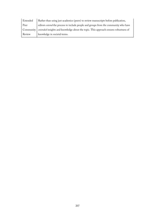 Extended
Peer
Community
Review
Rather than using just academics (peers) to review manuscripts before publication,
editors extend the process to include people and groups from the community who have
extended insights and knowledge about the topic. This approach ensures robustness of
knowledge in societal terms.
207
 
