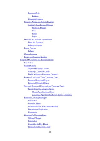 Body/Antithesis
Evidence
Conclusion/Synthesis
Persuasive Writing and Rhetorical Appeals
Aristotle’s Three Forms of Rhetoric
Rhetorical Triangle
Ethos
Pathos
Logos
Deductive and Inductive Argumentation
Deductive Argument
Inductive Argument
Logical Fallacies
Fallacies
Chapter Summary
Review and Discussion Questions
Chapter 18 • Conceptual and Theoretical Papers
Introduction
Chapter Caveats
Steps in Developing a Theory
Choosing a Theory for a Study
Double Meaning of Conceptual Framework
Purpose of Conceptual Versus Theoretical Papers
Purpose of Conceptual Papers
Purpose of Theoretical Papers
Structural Elements of Conceptual and Theoretical Papers
Special Role of the Literature Review
Theory Paper Literature Review
Conceptual Paper Literature Review (Role of Integration)
Elements of a Conceptual Paper
Introduction
Literature Review
Presentation of the New Conceptualization
Discussion and Implications
Conclusions
Elements of a Theoretical Paper
Title and Abstract
Introduction
Context for the New Theory
Presentation of the New Theory
22
 