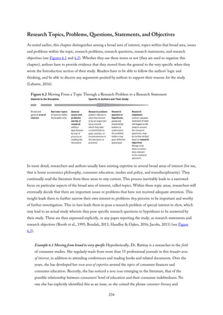 Research Topics, Problems, Questions, Statements, and Objectives
As noted earlier, this chapter distinguishes among a broad area of interest, topics within that broad area, issues
and problems within the topic, research problems, research questions, research statements, and research
objectives (see Figures 6.1 and 6.2). Whether they use these terms or not (they are used to organize this
chapter), authors have to provide evidence that they moved from the general to the very specific when they
wrote the Introduction section of their study. Readers have to be able to follow the authors’ logic and
thinking, and be able to discern any arguments posited by authors to support their reasons for the study
(Labaree, 2016).
Figure 6.2 Moving From a Topic Through a Research Problem to a Research Statement
In more detail, researchers and authors usually have existing expertise in several broad areas of interest (for me,
that is home economics philosophy, consumer education, studies and policy, and transdisciplinarity). They
continually read the literature from these areas to stay current. This process inevitably leads to a narrowed
focus on particular aspects of the broad area of interest, called topics. Within those topic areas, researchers will
eventually decide that there are important issues or problems that have not received adequate attention. This
insight leads them to further narrow their own interest to problems they perceive to be important and worthy
of further investigation. This in turn leads them to pose a research problem of special interest to them, which
may lead to an actual study wherein they pose specific research questions or hypotheses to be answered by
their study. These are then expressed explicitly, in any paper reporting the study, as research statements and
research objectives (Booth et al., 1995; Boudah, 2011; Handley & Oakes, 2016; Jacobs, 2011) (see Figure
6.3).
Example 6.1 Moving from broad to very specific Hypothetically, Dr. Rattray is a researcher in the field
of consumer studies. She regularly reads from more than 15 professional journals in this broader area
of interest, in addition to attending conferences and reading books and related documents. Over the
years, she has developed her own area of expertise around the topics of consumer finances and
consumer education. Recently, she has noticed a new issue emerging in the literature, that of the
possible relationship between consumers’ level of education and their consumer indebtedness. No
one else has explicitly identified this as an issue, so she coined the phrase consumer literacy and
234
 