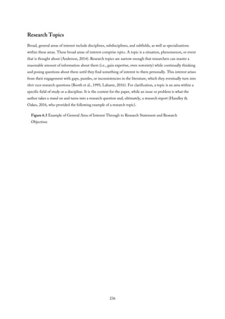 Research Topics
Broad, general areas of interest include disciplines, subdisciplines, and subfields, as well as specializations
within these areas. These broad areas of interest comprise topics. A topic is a situation, phenomenon, or event
that is thought about (Anderson, 2014). Research topics are narrow enough that researchers can master a
reasonable amount of information about them (i.e., gain expertise, even notoriety) while continually thinking
and posing questions about them until they find something of interest to them personally. This interest arises
from their engagement with gaps, puzzles, or inconsistencies in the literature, which they eventually turn into
their own research questions (Booth et al., 1995; Labaree, 2016). For clarification, a topic is an area within a
specific field of study or a discipline. It is the context for the paper, while an issue or problem is what the
author takes a stand on and turns into a research question and, ultimately, a research report (Handley &
Oakes, 2016, who provided the following example of a research topic).
Figure 6.3 Example of General Area of Interest Through to Research Statement and Research
Objectives
236
 