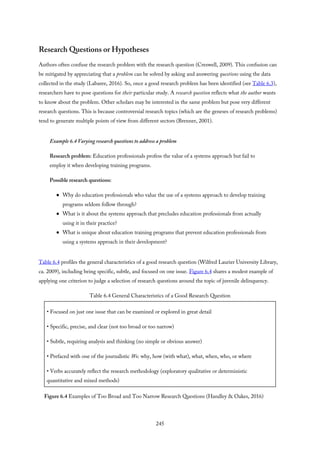 Research Questions or Hypotheses
Authors often confuse the research problem with the research question (Creswell, 2009). This confusion can
be mitigated by appreciating that a problem can be solved by asking and answering questions using the data
collected in the study (Labaree, 2016). So, once a good research problem has been identified (see Table 6.3),
researchers have to pose questions for their particular study. A research question reflects what the author wants
to know about the problem. Other scholars may be interested in the same problem but pose very different
research questions. This is because controversial research topics (which are the geneses of research problems)
tend to generate multiple points of view from different sectors (Brenner, 2001).
Example 6.4 Varying research questions to address a problem
Research problem: Education professionals profess the value of a systems approach but fail to
employ it when developing training programs.
Possible research questions:
Why do education professionals who value the use of a systems approach to develop training
programs seldom follow through?
What is it about the systems approach that precludes education professionals from actually
using it in their practice?
What is unique about education training programs that prevent education professionals from
using a systems approach in their development?
Table 6.4 profiles the general characteristics of a good research question (Wilfred Laurier University Library,
ca. 2009), including being specific, subtle, and focused on one issue. Figure 6.4 shares a modest example of
applying one criterion to judge a selection of research questions around the topic of juvenile delinquency.
Table 6.4 General Characteristics of a Good Research Question
• Focused on just one issue that can be examined or explored in great detail
• Specific, precise, and clear (not too broad or too narrow)
• Subtle, requiring analysis and thinking (no simple or obvious answer)
• Prefaced with one of the journalistic Ws: why, how (with what), what, when, who, or where
• Verbs accurately reflect the research methodology (exploratory qualitative or deterministic
quantitative and mixed methods)
Figure 6.4 Examples of Too Broad and Too Narrow Research Questions (Handley & Oakes, 2016)
245
 
