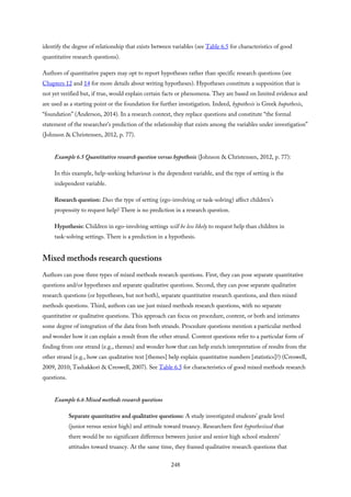 identify the degree of relationship that exists between variables (see Table 6.5 for characteristics of good
quantitative research questions).
Authors of quantitative papers may opt to report hypotheses rather than specific research questions (see
Chapters 12 and 14 for more details about writing hypotheses). Hypotheses constitute a supposition that is
not yet verified but, if true, would explain certain facts or phenomena. They are based on limited evidence and
are used as a starting point or the foundation for further investigation. Indeed, hypothesis is Greek hupothesis,
“foundation” (Anderson, 2014). In a research context, they replace questions and constitute “the formal
statement of the researcher’s prediction of the relationship that exists among the variables under investigation”
(Johnson & Christensen, 2012, p. 77).
Example 6.5 Quantitative research question versus hypothesis (Johnson & Christensen, 2012, p. 77):
In this example, help-seeking behaviour is the dependent variable, and the type of setting is the
independent variable.
Research question: Does the type of setting (ego-involving or task-solving) affect children’s
propensity to request help? There is no prediction in a research question.
Hypothesis: Children in ego-involving settings will be less likely to request help than children in
task-solving settings. There is a prediction in a hypothesis.
Mixed methods research questions
Authors can pose three types of mixed methods research questions. First, they can pose separate quantitative
questions and/or hypotheses and separate qualitative questions. Second, they can pose separate qualitative
research questions (or hypotheses, but not both), separate quantitative research questions, and then mixed
methods questions. Third, authors can use just mixed methods research questions, with no separate
quantitative or qualitative questions. This approach can focus on procedure, content, or both and intimates
some degree of integration of the data from both strands. Procedure questions mention a particular method
and wonder how it can explain a result from the other strand. Content questions refer to a particular form of
finding from one strand (e.g., themes) and wonder how that can help enrich interpretation of results from the
other strand (e.g., how can qualitative text [themes] help explain quantitative numbers [statistics]?) (Creswell,
2009, 2010; Tashakkori & Creswell, 2007). See Table 6.5 for characteristics of good mixed methods research
questions.
Example 6.6 Mixed methods research questions
Separate quantitative and qualitative questions: A study investigated students’ grade level
(junior versus senior high) and attitude toward truancy. Researchers first hypothesized that
there would be no significant difference between junior and senior high school students’
attitudes toward truancy. At the same time, they framed qualitative research questions that
248
 