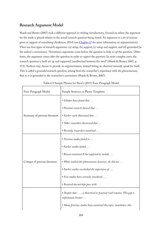 Research Argument Model
Shank and Brown (2007) took a different approach to writing introductions, focused on where the argument
for the study is placed relative to the actual research question being stated. An argument is a set of reasons
given in support of something (Anderson, 2014) (see Chapter 17 for more information on argumentation).
There are four types of research arguments: (a) setup, (b) support, (c) setup and support, and (d) grounded (in
the author’s convictions). “Sometimes arguments come before the question to help set up the question. Other
times, the argument comes after the question in order to support the question. In more complex cases, the
research question is both set up and supported [sandwiched between the two]” (Shank & Brown, 2007, p.
113). Authors may choose to provide no argumentation, instead letting an observed anomaly speak for itself.
This is called a grounded research question, arising from the researcher’s experience with the phenomenon;
that is, it is grounded in the researcher’s convictions (Shank & Brown, 2007).
Table 6.9 Sample Phrases for Shon’s (2015) Four-Paragraph Model
Four-Paragraph Model Sample Sentence or Phrase Templates
Summary of previous literature
• Scholars have found that . . .
• Previous research showed that . . .
• Earlier work illustrated that . . .
• Other researchers discovered that . . .
• Recently, researchers examined . . .
Critique of previous literature
• Previous studies failed to . . .
• Earlier studies lacked . . .
• Brown examined X but neglected to include . . .
• White studied this phenomenon; however, she did not . . .
• Earlier studies overlooked the importance of . . .
• Few studies have seriously considered . . .
• Research has not kept pace with . . .
• Despite that . . . , a theoretical or practical void remains. This gap is
unfortunate because . . .
• Many previous studies have examined this topic; nonetheless, this
266
 