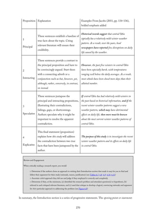 Proposition Explanation Examples From Jacobs (2011, pp. 134–136),
bolded emphasis added
1
Principal
These sentences establish a baseline of
true facts about the topic. Citing
relevant literature will ensure their
credibility.
Historical records suggest that central Ohio
typically has a relatively mild winter weather
pattern. As a result, over the years, local
newspapers have reported few disruptions on daily
life caused by the weather.
2
Interacting
These sentences provide a contrast to
the principal proposition and have to
be convincingly argued. Start them
with a connecting adverb or a
conjunction such as but, however, yet,
although, rather, conversely, in contrast,
or instead.
However, the past five winters in central Ohio
have been especially harsh, with temperatures
ranging well below the daily averages. As a result,
most schools have been closed more days than their
allotted number.
3
Speculative
These sentences juxtapose the
principal and interacting propositions,
illustrating their contradictions,
failings, gaps, or shortcomings.
Authors speculate why it might be
important to resolve the apparent
contradiction.
If central Ohio has had relatively mild winters in
the past based on historical information, and if the
recent winter weather patterns suggest a new
weather pattern, which may have detrimental
effects on daily life, then more must be known
about the most current winter weather patterns of
central Ohio.
4
Explicative
This final statement (proposition)
explains how this study will address
the contradiction between two true
facts that have been juxtaposed by the
author.
The purpose of this study is to investigate the recent
winter weather pattern and its effects on daily life
in central Ohio.
Review and Engagement
When critically reading a research report, you would
□ Determine if the authors chose an approach to writing their Introduction section that made it easy for you to find and
follow their argument for their study (rationale, reason, justification) (see Tables 6.7, 6.8. 6.9. 6.10, 6.11)
□ Ascertain which approach they did use and judge if they employed it correctly and completely
□ Determine if they, at the minimum, (a) identified the research problem and attendant question(s) or hypotheses, (b)
referred to and critiqued relevant literature, and (c) used that critique to develop a logical, convincing rationale and argument
for their particular approach to addressing the problem (see Figure 6.8)
In summary, the Introduction section is a series of progressive statements. The opening points or statements
270
 