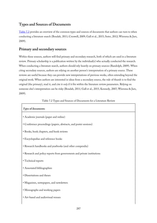 Types and Sources of Documents
Table 7.2 provides an overview of the common types and sources of documents that authors can turn to when
conducting a literature search (Boudah, 2011; Creswell, 2009; Gall et al., 2015; Suter, 2012; Wiersma & Jurs,
2009).
Primary and secondary sources
Within these sources, authors will find primary and secondary research, both of which are used in a literature
review. Primary scholarship is a publication written by the individual(s) who actually conducted the research.
When conducting a literature search, authors should rely heavily on primary sources (Randolph, 2009). When
citing secondary sources, authors are relying on another person’s interpretation of a primary source. These
reviews are useful because they can provide new interpretations of previous works, often extending beyond the
original work. When authors are interested in ideas from a secondary source, the rule of thumb is to find the
original (the primary), read it, and cite it only if it fits within the literature review parameters. Relying on
someone else’s interpretation can be risky (Boudah, 2011; Gall et al., 2015; Kennedy, 2007; Wiersma & Jurs,
2009).
Table 7.2 Types and Sources of Documents for a Literature Review
Types of documents:
• Academic journals (paper and online)
• Conference proceedings (papers, abstracts, and poster sessions)
• Books, book chapters, and book reviews
• Encyclopedias and reference books
• Research handbooks and yearbooks (and other compendia)
• Research and policy reports from governments and private institutions
• Technical reports
• Annotated bibliographies
• Dissertations and theses
• Magazines, newspapers, and newsletters
• Monographs and working papers
• Art-based and audiovisual venues
287
 