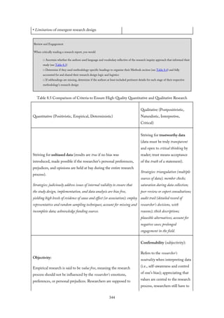 • Limitations of emergent research design
Review and Engagement
When critically reading a research report, you would
□ Ascertain whether the authors used language and vocabulary reflective of the research inquiry approach that informed their
study (see Table 8.3)
□ Determine if they used methodology-specific headings to organize their Methods section (see Table 8.4) and fully
accounted for and shared their research design logic and logistics
□ If subheadings are missing, determine if the authors at least included pertinent details for each stage of their respective
methodology’s research design
Table 8.5 Comparison of Criteria to Ensure High-Quality Quantitative and Qualitative Research
Quantitative (Positivistic, Empirical, Deterministic)
Qualitative (Postpositivistic,
Naturalistic, Interpretive,
Critical)
Striving for unbiased data (results are true if no bias was
introduced, made possible if the researcher’s personal preferences,
prejudices, and opinions are held at bay during the entire research
process).
Strategies: judiciously address issues of internal validity to ensure that
the study design, implementation, and data analysis are bias free,
yielding high levels of evidence of cause and effect (or association); employ
representative and random sampling techniques; account for missing and
incomplete data; acknowledge funding sources.
Striving for trustworthy data
(data must be truly transparent
and open to critical thinking by
reader; trust means acceptance
of the truth of a statement).
Strategies: triangulation (multiple
sources of data); member checks;
saturation during data collection;
peer review or expert consultations;
audit trail (detailed record of
researcher’s decisions, with
reasons); thick descriptions;
plausible alternatives; account for
negative cases; prolonged
engagement in the field.
Objectivity:
Empirical research is said to be value free, meaning the research
process should not be influenced by the researcher’s emotions,
preferences, or personal prejudices. Researchers are supposed to
Confirmability (subjectivity):
Refers to the researcher’s
neutrality when interpreting data
(i.e., self-awareness and control
of one’s bias); appreciating that
values are central to the research
process, researchers still have to
344
 