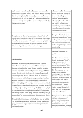 preferences, or personal prejudices. Researchers are supposed to
dispassionately engage in research from a stance of value neutrality,
thereby ensuring the truth is found. Judgments about the evidence
should not coincide with the researcher’s orientation (despite that
science is not really neutral; relative value neutrality is more likely
than absolute neutrality).
values are central to the research
process, researchers still have to
be sure their findings can be
confirmed or corroborated by
others (i.e., their values did not
take over). It is the extent to
which findings are shaped by the
respondents themselves, rather
than the researcher’s bias.
Strategies: embrace the tenets of the scientific method and empirical
inquiry; do not distort research or let one’s values intrude by drawing on
personal worldviews, motives, self-interest, or customs or by capitulating
to external pressures (researchers are especially vulnerable to value
intrusion during the interpretation and discussion stage).
Strategies: reflexivity (involves
self-critique and disclosure of what
one brings to the research, especially
one’s predispositions); audit trails;
method triangulation; peer review
and debriefing.
Internal validity:
This refers to the integrity of the research design. The word
internal pertains to the inner workings of the research process,
designed and conducted to ensure that the researcher measured
what was intended to be measured (producing strong, valid data
instead of weak, invalid data). Also, the research design should
follow the principle of cause and effect. There are seven major
threats to internal validity (i.e., measuring something other than
what was intended): (a) contamination by an extraneous event
(history effect); (b) participants aging or tiring (maturation effect);
(c) loss of subjects or attrition between testing (mortality effect); (d)
sensitizing subjects with pretest (testing effect); (e) extremely high
or low pretest scores (statistical regression effect); (f) subjects are
not carefully assigned to test groups (selection bias effect); and (g)
unreliability of an assessment instrument (instrumentation effect).
Strategies: take steps necessary to mitigate threats to internal validity
(e.g., account for contamination, maturation, attrition, sampling size,
group formation and assignment, instrumentation alignment, and
testing sensitization).
Credibility (credible to the
participants):
Did the researchers create a
faithful accounting of people’s
lived experiences (i.e., an
accurate representation of their
reality, from their perspective)?
Did the researchers get a full
answer to their research
question? Also, can others have
confidence in the truth shared by
the researchers (i.e., in their
observations, interpretations,
and conclusions)? The latter
require strong evidence, clear
logic, valid data, and ruling out
alternative explanations.
Strategies: member checks; detailed,
thick descriptions (and lots of
quotes); triangulation (methods
and data); peer review and
debriefing; extended and prolonged
345
 