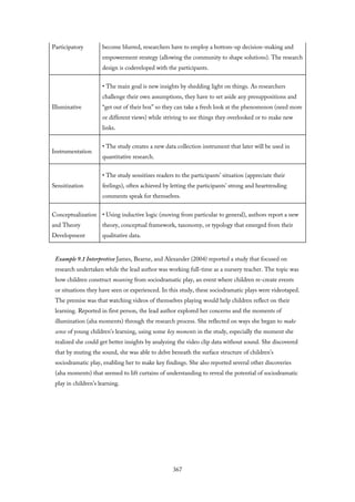 Participatory become blurred, researchers have to employ a bottom-up decision-making and
empowerment strategy (allowing the community to shape solutions). The research
design is codeveloped with the participants.
Illuminative
• The main goal is new insights by shedding light on things. As researchers
challenge their own assumptions, they have to set aside any presuppositions and
“get out of their box” so they can take a fresh look at the phenomenon (need more
or different views) while striving to see things they overlooked or to make new
links.
Instrumentation
• The study creates a new data collection instrument that later will be used in
quantitative research.
Sensitization
• The study sensitizes readers to the participants’ situation (appreciate their
feelings), often achieved by letting the participants’ strong and heartrending
comments speak for themselves.
Conceptualization
and Theory
Development
• Using inductive logic (moving from particular to general), authors report a new
theory, conceptual framework, taxonomy, or typology that emerged from their
qualitative data.
Example 9.1 Interpretive James, Bearne, and Alexander (2004) reported a study that focused on
research undertaken while the lead author was working full-time as a nursery teacher. The topic was
how children construct meaning from sociodramatic play, an event where children re-create events
or situations they have seen or experienced. In this study, these sociodramatic plays were videotaped.
The premise was that watching videos of themselves playing would help children reflect on their
learning. Reported in first person, the lead author explored her concerns and the moments of
illumination (aha moments) through the research process. She reflected on ways she began to make
sense of young children’s learning, using some key moments in the study, especially the moment she
realized she could get better insights by analyzing the video clip data without sound. She discovered
that by muting the sound, she was able to delve beneath the surface structure of children’s
sociodramatic play, enabling her to make key findings. She also reported several other discoveries
(aha moments) that seemed to lift curtains of understanding to reveal the potential of sociodramatic
play in children’s learning.
367
 