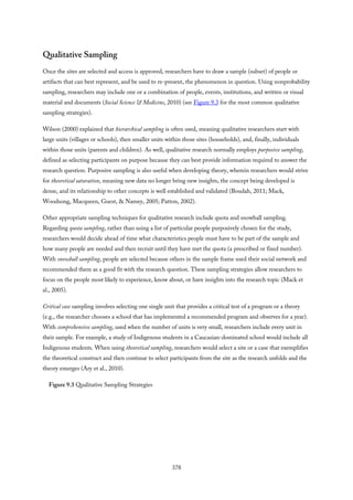 Qualitative Sampling
Once the sites are selected and access is approved, researchers have to draw a sample (subset) of people or
artifacts that can best represent, and be used to re-present, the phenomenon in question. Using nonprobability
sampling, researchers may include one or a combination of people, events, institutions, and written or visual
material and documents (Social Science & Medicine, 2010) (see Figure 9.3 for the most common qualitative
sampling strategies).
Wilson (2000) explained that hierarchical sampling is often used, meaning qualitative researchers start with
large units (villages or schools), then smaller units within those sites (households), and, finally, individuals
within those units (parents and children). As well, qualitative research normally employs purposive sampling,
defined as selecting participants on purpose because they can best provide information required to answer the
research question. Purposive sampling is also useful when developing theory, wherein researchers would strive
for theoretical saturation, meaning new data no longer bring new insights, the concept being developed is
dense, and its relationship to other concepts is well established and validated (Boudah, 2011; Mack,
Woodsong, Macqueen, Guest, & Namey, 2005; Patton, 2002).
Other appropriate sampling techniques for qualitative research include quota and snowball sampling.
Regarding quota sampling, rather than using a list of particular people purposively chosen for the study,
researchers would decide ahead of time what characteristics people must have to be part of the sample and
how many people are needed and then recruit until they have met the quota (a prescribed or fixed number).
With snowball sampling, people are selected because others in the sample frame used their social network and
recommended them as a good fit with the research question. These sampling strategies allow researchers to
focus on the people most likely to experience, know about, or have insights into the research topic (Mack et
al., 2005).
Critical case sampling involves selecting one single unit that provides a critical test of a program or a theory
(e.g., the researcher chooses a school that has implemented a recommended program and observes for a year).
With comprehensive sampling, used when the number of units is very small, researchers include every unit in
their sample. For example, a study of Indigenous students in a Caucasian-dominated school would include all
Indigenous students. When using theoretical sampling, researchers would select a site or a case that exemplifies
the theoretical construct and then continue to select participants from the site as the research unfolds and the
theory emerges (Ary et al., 2010).
Figure 9.3 Qualitative Sampling Strategies
378
 