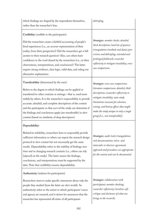 which findings are shaped by the respondents themselves,
rather than the researcher’s bias.
debriefing.
Credibility (credible to the participants):
Did the researchers create a faithful accounting of people’s
lived experiences (i.e., an accurate representation of their
reality, from their perspective)? Did the researchers get a full
answer to their research question? Also, can others have
confidence in the truth shared by the researchers (i.e., in their
observations, interpretations, and conclusions)? The latter
require strong evidence, clear logic, valid data, and ruling out
alternative explanations.
Strategies: member checks; detailed,
thick descriptions (and lots of quotes);
triangulation (methods and data); peer
review and debriefing; extended and
prolonged fieldwork; researcher
reflexivity to mitigate invalidity; cross-
case comparisons.
Transferability (determined by the user):
Refers to the degree to which findings can be applied or
transferred to other contexts or settings—that is, used more
widely by others. It is the researcher’s responsibility to provide
accurate, detailed, and complete descriptions of the context
and the participants so that users of the study can determine if
the findings and conclusions apply (are transferable) in their
context (based on similarity of deep descriptors).
Strategies: cross-case comparisons;
literature comparisons; detailed, thick
descriptions; researcher reflexivity to
mitigate invalidity; state study
limitations (account for selection,
setting, and history effects that might
make the study unique to only a single
group [i.e., not transferable]).
Dependability:
Related to reliability, researchers have to responsibly provide
sufficient information so others can repeat the research design
protocol in their context but not necessarily get the same
results. Dependability refers to the stability of findings over
time and in changing research contexts (i.e., others can rely
[depend] on the study). The latter means the findings,
conclusions, and interpretations must be supported by the
data. Note that credibility ensures dependability.
Strategies: audit trail; triangulation;
rich documentation; intra- and
intercoder or observer agreement;
approach and procedures are appropriate
for the context and can be documented.
Authenticity (realness for participants):
Researchers want to make specific statements about only the
people they studied (how the latter see their world). So
authenticity refers to the extent to which participants’ voices
and agency are ensured, and it strives for assurances that the
researcher has represented all views of all participants
Strategies: collaboration with
participants; member checking;
researcher reflexivity (involves self-
critique and disclosure of what one
brings to the research).
392
 