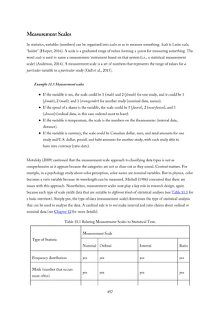 Measurement Scales
In statistics, variables (numbers) can be organized into scales so as to measure something. Scale is Latin scala,
“ladder” (Harper, 2016). A scale is a graduated range of values forming a system for measuring something. The
word scale is used to name a measurement instrument based on that system (i.e., a statistical measurement
scale) (Anderson, 2014). A measurement scale is a set of numbers that represents the range of values for a
particular variable in a particular study (Gall et al., 2015).
Example 11.5 Measurement scales
If the variable is sex, the scale could be 1 (male) and 2 (female) for one study, and it could be 1
(female), 2 (male), and 3 (transgender) for another study (nominal data, names).
If the speed of a skater is the variable, the scale could be 1 (fastest), 2 (next fastest), and 3
(slowest) (ordinal data, in this case ordered most to least).
If the variable is temperature, the scale is the numbers on the thermometer (interval data,
distance).
If the variable is currency, the scale could be Canadian dollar, euro, and rand amounts for one
study and U.S. dollar, pound, and baht amounts for another study, with each study able to
have zero currency (ratio data).
Motulsky (2009) cautioned that the measurement scale approach to classifying data types is not as
comprehensive as it appears because the categories are not as clear-cut as they sound. Context matters. For
example, in a psychology study about color perception, color names are nominal variables. But in physics, color
becomes a ratio variable because its wavelength can be measured. Michell (1986) concurred that there are
issues with this approach. Nonetheless, measurement scales now play a key role in research design, again
because each type of scale yields data that are suitable to different kinds of statistical analysis (see Table 11.1 for
a basic overview). Simply put, the type of data (measurement scale) determines the type of statistical analysis
that can be used to analyze the data. A cardinal rule is to not make interval and ratio claims about ordinal or
nominal data (see Chapter 12 for more details).
Table 11.1 Relating Measurement Scales to Statistical Tests
Type of Statistic
Measurement Scale
Nominal Ordinal Interval Ratio
Frequency distribution yes yes yes yes
Mode (number that occurs
most often)
yes yes yes yes
457
 