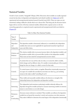 Statistical Variables
Variable is Latin variabilis, “changeable” (Harper, 2016). Discussions about variables are usually organized
around two key ideas: (a) dependent and independent (and related) variables (see Table 11.2) and (b)
experimental and nonexperimental statistical research (Lund & Lund, 2013). These two topics are very
intertwined, making it difficult to decide which one to discuss first. That being said, the discussion herein
begins with an overview of the basic statistical variables, followed with a separate section on the two
overarching approaches to empirical research: experimental and nonexperimental (with more details in
Chapter 12).
Table 11.2 Basic Nine Statistical Variables
Type of
Variable
Explanation
Dependent
and
Independent
The dependent variable is determined, influenced, or controlled by the independent
variable; these terms are most applicable for experimental researchers’ hypothesized
cause-and-effect claims.
Criterion and
Predictor
The criterion variable refers to presumed outcome (akin to the dependent variable), and
the predictor variable refers to presumed effect (similar to the independent variable).
These terms are best suited for nonexperimental association claims.
Constants
A constant does not vary and has only one value, so it cannot be called a variable,
which changes and has different values. If a variable is intentionally part of the research
design but does not change, it is called a constant for that study.
Controls
To control means to limit, restrict, or regulate. Researchers intentionally measure just
one aspect of a variable that normally has more than one value (e.g., just including
women in the study is called “controlling for sex”).
Moderator
These visible and measurable variables influence the direction or strength of the
relationship between the independent and dependent variables.
Intervening
The independent (and sometimes moderating) variables indirectly influence the
dependent through the invisible and hard-to-measure intervening variable (to intervene
means to come between so as to alter things).
Extraneous
and
Confounding
Extraneous means irrelevant or unrelated. These variables can influence the dependent
variable but are beyond the researchers’ control, and sometimes even their awareness.
They make it difficult to determine the actual impact of the independent (intentionally
459
 