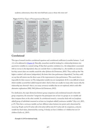 academic achievement, those who were held back a year or those who were not?
Figure 11.5 Four Types of Nonexperimental Research
Correlational
This type of research involves correlational equations and correlational coefficients (a number between −1 and
+1), to be addressed in Chapter 12. Basically, researchers would be looking for a relationship between two
quantitative variables in a natural setting. If they find a positive correlation (i.e., the independent is associated
with an increase in the dependent), they can conclude there is a relationship (i.e., the variables are associated),
but they cannot claim one variable caused the other (Johnson & Christensen, 2012). They could say that “the
higher a student’s self-esteem (independent), the better their class performance (dependent),” but they could
not say that self-esteem was the direct cause of the improvement in class performance. This causal claim is
impossible for three reasons: (a) The independent variable was not manipulated. (b) It is very difficult to know
which variable occurred first (called temporal order). And (c) there are usually too many other reasons why the
relationship was observed—that is, too many extraneous variables that are not explained, which could offer
alternative explanations (Hill, 1965; Johnson & Christensen, 2012).
For clarification, the major distinction between group comparison and correlational research is that with
group comparison, the researcher “categorizes the participants into at least two groups on one variable and
then compares them on the other variable. In correlational research, a researcher deals with one [emphasis
added] group of individuals measured on at least two [emphasis added] continuous variables” (Ary et al., 2015,
p. 27). Note that a continuous variable can have different values between two points and is determined by
measuring. People can be 65 inches tall or 66 inches tall but also 65.5 inches tall. In comparison, a discrete
variable has fixed values, determined by counting. A family can have 2 children or 3 children but not 2.4
children (Gall et al., 2015).
Example 11.20 Correlational study
477
 