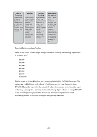 Example 12.1 Mean, mode, and median
These are the salaries for seven people who graduated from university with a biology degree (listed
in ascending order):
$27,000
$29,000
$33,000
$34,000
$39,000
$39,000
$5,000,000
The last person in the list ($5 million) got a job playing basketball for the NBA (the outlier). The
median salary is $34,000, the mode salary is $39,000 (it occurs twice), and the mean is about
$750,000. The number reported by the author truly affects the impression created about the import
of the study. Claiming that a university student with a biology degree will earn on average $750,000
is very misleading (although correct for this data set). A more meaningful statistic would
acknowledge removal of the outlier, leaving the average salary at $33,500.
489
 