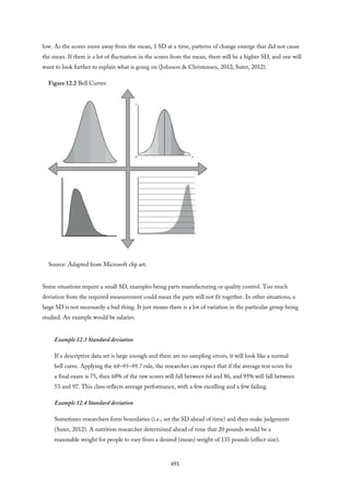 low. As the scores move away from the mean, 1 SD at a time, patterns of change emerge that did not cause
the mean. If there is a lot of fluctuation in the scores from the mean, there will be a higher SD, and one will
want to look further to explain what is going on (Johnson & Christensen, 2012; Suter, 2012).
Figure 12.2 Bell Curves
Source: Adapted from Microsoft clip art.
Some situations require a small SD, examples being parts manufacturing or quality control. Too much
deviation from the required measurement could mean the parts will not fit together. In other situations, a
large SD is not necessarily a bad thing. It just means there is a lot of variation in the particular group being
studied. An example would be salaries.
Example 12.3 Standard deviation
If a descriptive data set is large enough and there are no sampling errors, it will look like a normal
bell curve. Applying the 68–95–99.7 rule, the researcher can expect that if the average test score for
a final exam is 75, then 68% of the raw scores will fall between 64 and 86, and 95% will fall between
53 and 97. This class reflects average performance, with a few excelling and a few failing.
Example 12.4 Standard deviation
Sometimes researchers form boundaries (i.e., set the SD ahead of time) and then make judgments
(Suter, 2012). A nutrition researcher determined ahead of time that 20 pounds would be a
reasonable weight for people to vary from a desired (mean) weight of 135 pounds (effect size).
491
 