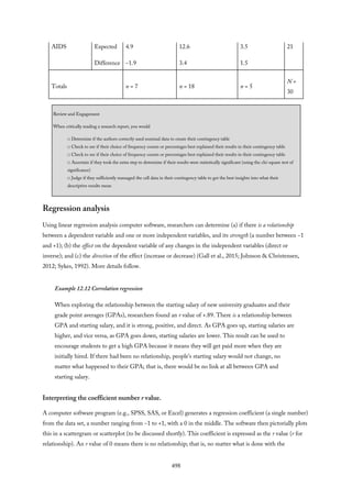AIDS Expected
Difference
4.9
−1.9
12.6
3.4
3.5
1.5
21
Totals n = 7 n = 18 n = 5
N =
30
Review and Engagement
When critically reading a research report, you would
□ Determine if the authors correctly used nominal data to create their contingency table
□ Check to see if their choice of frequency counts or percentages best explained their results in their contingency table
□ Check to see if their choice of frequency counts or percentages best explained their results in their contingency table
□ Ascertain if they took the extra step to determine if their results were statistically significant (using the chi-square test of
significance)
□ Judge if they sufficiently massaged the cell data in their contingency table to get the best insights into what their
descriptive results mean
Regression analysis
Using linear regression analysis computer software, researchers can determine (a) if there is a relationship
between a dependent variable and one or more independent variables, and its strength (a number between −1
and +1); (b) the effect on the dependent variable of any changes in the independent variables (direct or
inverse); and (c) the direction of the effect (increase or decrease) (Gall et al., 2015; Johnson & Christensen,
2012; Sykes, 1992). More details follow.
Example 12.12 Correlation regression
When exploring the relationship between the starting salary of new university graduates and their
grade point averages (GPAs), researchers found an r value of +.89. There is a relationship between
GPA and starting salary, and it is strong, positive, and direct. As GPA goes up, starting salaries are
higher, and vice versa, as GPA goes down, starting salaries are lower. This result can be used to
encourage students to get a high GPA because it means they will get paid more when they are
initially hired. If there had been no relationship, people’s starting salary would not change, no
matter what happened to their GPA; that is, there would be no link at all between GPA and
starting salary.
Interpreting the coefficient number r value.
A computer software program (e.g., SPSS, SAS, or Excel) generates a regression coefficient (a single number)
from the data set, a number ranging from −1 to +1, with a 0 in the middle. The software then pictorially plots
this in a scattergram or scatterplot (to be discussed shortly). This coefficient is expressed as the r value (r for
relationship). An r value of 0 means there is no relationship; that is, no matter what is done with the
498
 