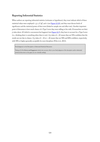 Reporting Inferential Statistics
When authors are reporting inferential statistics (estimates or hypotheses), they must indicate which of these
statistical values were employed: r, p, t, F, χ2, and z (see Figure 12.10), and they must discuss levels of
significance and the statistical power of their tests (linked to sample size and effect size). Another important
point of discussion is how much chance of a Type I error they were willing to live with. If researchers set their
p value above .05 (which is uncommon but happens) (see Figure 12.7), they have to account for a Type I error
(i.e., thinking there is something when there is not). A p value of < .05 means they are 95% confident that the
results are not due to chance. A p value of < .10 or < .20 means they are 90% and 80% confident, respectively,
with 90% or higher generally acceptable for most disciplines (Pirk et al., 2013).
Final Judgment on the Descriptive or Inferential Statistical Discussion
Taking all of the Review and Engagement criteria into account, what is your final judgment of the descriptive and/or inferential
statistical discussion in the paper you are critically reading?
529
 