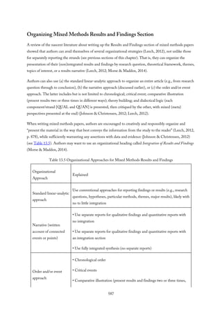 Organizing Mixed Methods Results and Findings Section
A review of the nascent literature about writing up the Results and Findings section of mixed methods papers
showed that authors can avail themselves of several organizational strategies (Leech, 2012), not unlike those
for separately reporting the strands (see previous sections of this chapter). That is, they can organize the
presentation of their (non)integrated results and findings by research question, theoretical framework, themes,
topics of interest, or a results narrative (Leech, 2012; Morse & Maddox, 2014).
Authors can also use (a) the standard linear-analytic approach to organize an entire article (e.g., from research
question through to conclusion), (b) the narrative approach (discussed earlier), or (c) the order and/or event
approach. The latter includes but is not limited to chronological; critical event; comparative illustration
(present results two or three times in different ways); theory building; and dialectical logic (each
component/strand [QUAL and QUAN] is presented, then critiqued by the other, with mixed (meta)
perspectives presented at the end) (Johnson & Christensen, 2012; Leech, 2012).
When writing mixed methods papers, authors are encouraged to creatively and responsibly organize and
“present the material in the way that best conveys the information from the study to the reader” (Leech, 2012,
p. 878), while sufficiently warranting any assertions with data and evidence (Johnson & Christensen, 2012)
(see Table 13.5). Authors may want to use an organizational heading called Integration of Results and Findings
(Morse & Maddox, 2014).
Table 13.5 Organizational Approaches for Mixed Methods Results and Findings
Organizational
Approach
Explained
Standard linear-analytic
approach
Use conventional approaches for reporting findings or results (e.g., research
questions, hypotheses, particular methods, themes, major results), likely with
no to little integration
Narrative (written
account of connected
events or points)
• Use separate reports for qualitative findings and quantitative reports with
no integration
• Use separate reports for qualitative findings and quantitative reports with
an integration section
• Use fully integrated synthesis (no separate reports)
Order and/or event
approach
• Chronological order
• Critical events
• Comparative illustration (present results and findings two or three times,
587
 