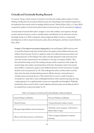 Critically and Uncritically Reading Research
In summary, “being a critical consumer of research is more than just reading academic papers; it involves
thinking critically about the assumptions behind research, the methodologies [and methods] employed and
the implications that research results [or findings] hold for practice” (Zardo & Pryor, 2012, p. 1). Suter (2012)
compared the qualities of critical and uncritical readers of research (see pp. 10–11), summarized in Table 1.2.
A critical reader of research will be able to navigate or move with confidence and competence through
research material and reports in order to critically evaluate and effectively use the information and new
knowledge (Locke et al., 2010). Lacking this critical navigational ability can lead to a compromised
knowledge base as well as compromised practice, policy, theory development, and future research (Zardo &
Pryor, 2012).
Example 1.3 Uncritiqued research project shaping policy Croad and Farquhar (2005) took issue with
an actual New Zealand study about the link between the quality of early childhood education and
children’s future learning. Touted as a significant study, it has influenced government policies and
educational practice in New Zealand. The authors critically analyzed the study and found several
issues that severely compromised its real contribution to the topic of competent children. They
discovered shortcomings around “the sampling technique and the composition of the sample, the
research design, data analysis, and interpretations of the data. Assumptions made in the research
about children’s competencies, quality in early childhood education and the measurement of quality
therefore need to be questioned” (p. 18). They challenged the authors’ and the media’s uncritical
claims about the study and admonished government officials, educators, and practitioners to
critically examine and openly discuss it. They claimed that too much is at stake for people to
uncritically use a study with so many unchallenged limitations. Both superficial reporting and using
a study purported to be a significant policy resource are irresponsible and shortsighted. “Publically
funded policy-driven research which is used to legitimate education policy and spending should not
be exempted from scrutiny and critique” (p. 17).
Table 1.2 Comparison of Critical and Uncritical Readers of Research Reports
Critical Thinkers and Readers Uncritical Thinkers and Readers
• Search for biases • Accept information without scrutiny
• Recognize logical fallacies and inconsistencies
• Overlook, cannot recognize, or fall victim to
fallacies (flaws in logic)
• Reason with clarity, precision, and relevance
• Fail to recognize disjointed or irrelevant
reasoning
59
 