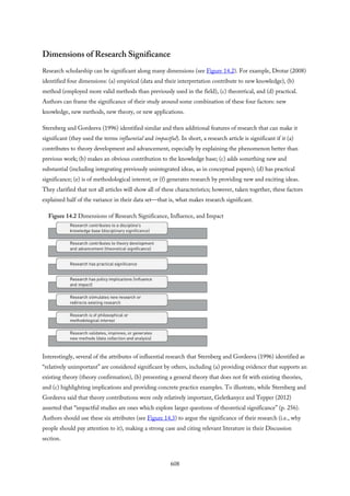 Dimensions of Research Significance
Research scholarship can be significant along many dimensions (see Figure 14.2). For example, Drotar (2008)
identified four dimensions: (a) empirical (data and their interpretation contribute to new knowledge), (b)
method (employed more valid methods than previously used in the field), (c) theoretical, and (d) practical.
Authors can frame the significance of their study around some combination of these four factors: new
knowledge, new methods, new theory, or new applications.
Sternberg and Gordeeva (1996) identified similar and then additional features of research that can make it
significant (they used the terms influential and impactful). In short, a research article is significant if it (a)
contributes to theory development and advancement, especially by explaining the phenomenon better than
previous work; (b) makes an obvious contribution to the knowledge base; (c) adds something new and
substantial (including integrating previously unintegrated ideas, as in conceptual papers); (d) has practical
significance; (e) is of methodological interest; or (f) generates research by providing new and exciting ideas.
They clarified that not all articles will show all of these characteristics; however, taken together, these factors
explained half of the variance in their data set—that is, what makes research significant.
Figure 14.2 Dimensions of Research Significance, Influence, and Impact
Interestingly, several of the attributes of influential research that Sternberg and Gordeeva (1996) identified as
“relatively unimportant” are considered significant by others, including (a) providing evidence that supports an
existing theory (theory confirmation), (b) presenting a general theory that does not fit with existing theories,
and (c) highlighting implications and providing concrete practice examples. To illustrate, while Sternberg and
Gordeeva said that theory contributions were only relatively important, Geletkanycz and Tepper (2012)
asserted that “impactful studies are ones which explore larger questions of theoretical significance” (p. 256).
Authors should use these six attributes (see Figure 14.3) to argue the significance of their research (i.e., why
people should pay attention to it), making a strong case and citing relevant literature in their Discussion
section.
608
 