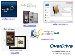 Upload local content to
“Community Reserve.”
createspace.com
kdp.amazon.com
calibre-ebook.com
vook.com/
mobipocket.com
 