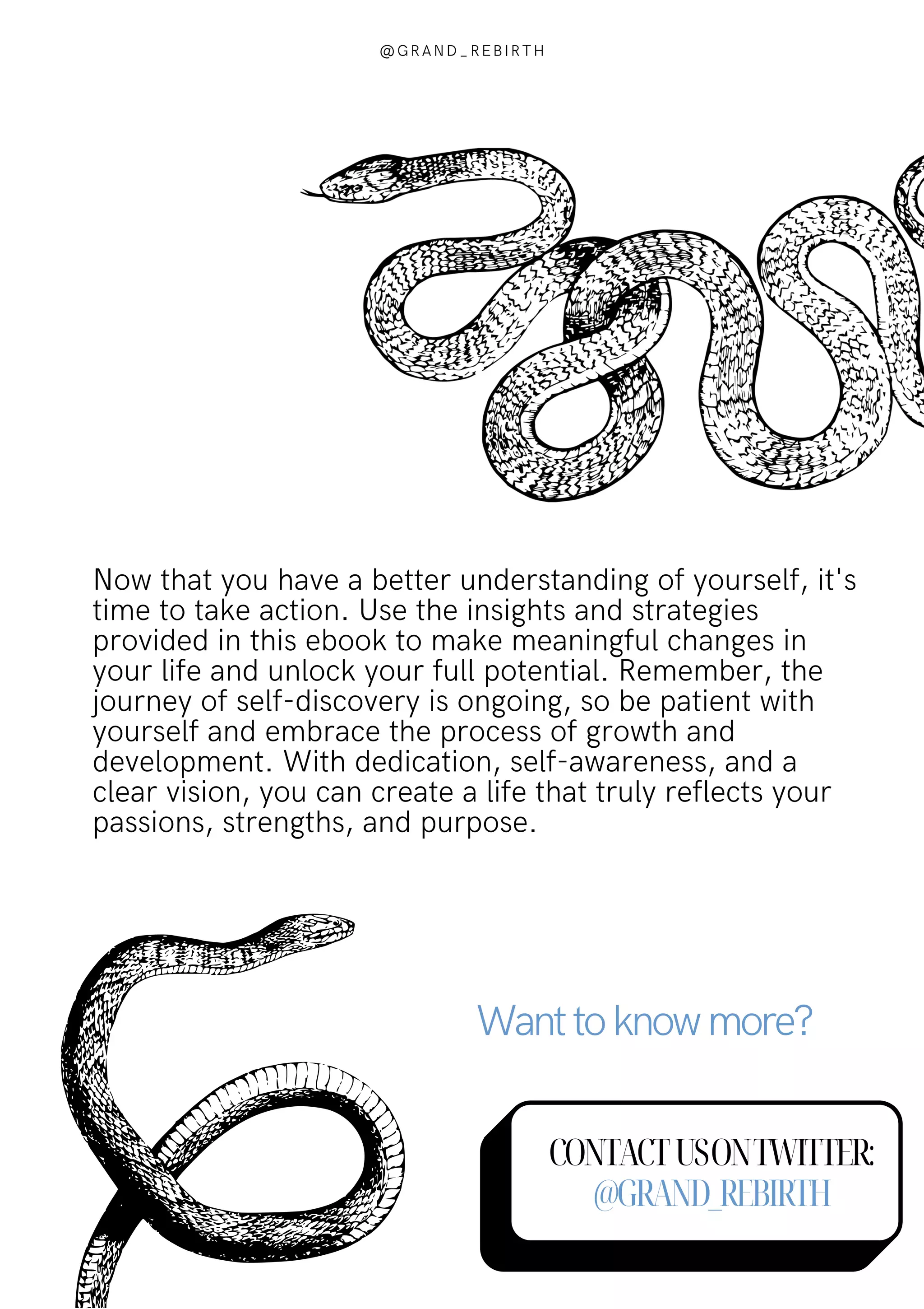 Now that you have a better understanding of yourself, it's
time to take action. Use the insights and strategies
provided in this ebook to make meaningful changes in
your life and unlock your full potential. Remember, the
journey of self-discovery is ongoing, so be patient with
yourself and embrace the process of growth and
development. With dedication, self-awareness, and a
clear vision, you can create a life that truly reflects your
passions, strengths, and purpose.
CONTACTUSONTWITTER:
@GRAND_REBIRTH
Wanttoknowmore?
@GRAND_REBIRTH
 