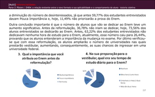 [Multi]rreferencialidades
Parte 3: Pôsters | ENEM: a relação existente entre o novo formato e sua aplicabilidade e o comportamento do aluno - Autoria coletiva


a diminuição do número de desinteressados, já que antes 59,77% dos estudantes entrevistados
davam Pouca Importância e, hoje, 11,49% não priorizarão a prova do Enem.
Outra conclusão importante é que o número de alunos que vão se dedicar ao Enem teve um
aumento significativo. Antes da reformulação, 36,78% não iriam se dedicar, hoje, 73,56% dos
alunos entrevistados se dedicarão ao Enem. Antes, 63,22% dos estudantes entrevistados não
dedicavam nenhuma hora de estudo para o Enem, atualmente, esse número caiu para 26,44%,
provando que os alunos entenderam a importância da mudança no exame. Por último verificou-
se que com essa reformulação, os alunos ampliarão o número de universidades nas quais
prestarão vestibular, aumentando, consequentemente, as suas chances de ingressar em uma
universidade federal.




                                                                                                                                       237
 