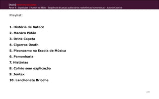 [Multi]rreferencialidades
Parte 4: Exposições | Humor no Rádio - Seqüência de peças publicitárias radiofônicas humorísticas - Autoria Coletiva


Playlist:


1. História de Buteco TOCAR PARAR
2. Macaco Pidão TOCAR PARAR
3. Drink Capeta               TOCAR PARAR

4. Cigarros Death TOCAR PARAR
5. Pleonasmo na Escola de Música                              TOCAR PARAR

6. Pamonharia               TOCAR PARAR
7. Histórias          TOCAR PARAR
8. Colírio sem explicação TOCAR PARAR
9. Jontex TOCAR PARAR
10. Lanchonete Brioche TOCAR PARAR


                                                                                                                       277
 