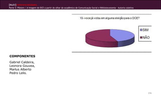 [Multi]rreferencialidades
Parte 3: Pôsters | A imagem do DCE a partir do olhar do acadêmico de Comunicação Social e Biblioteconomia - Autoria coletiva
216
COMPONENTES
Gabriel Caldeira,
Leonora Gouvea,
Marlus Alberto
Pedro Lelis.
 