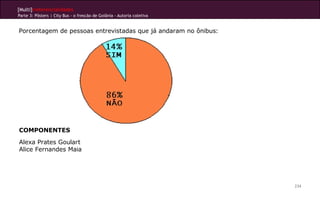 [Multi]rreferencialidades
Parte 3: Pôsters | City Bus - o frescão de Goiânia - Autoria coletiva
234
COMPONENTES
Alexa Prates Goulart
Alice Fernandes Maia
Porcentagem de pessoas entrevistadas que já andaram no ônibus:
 