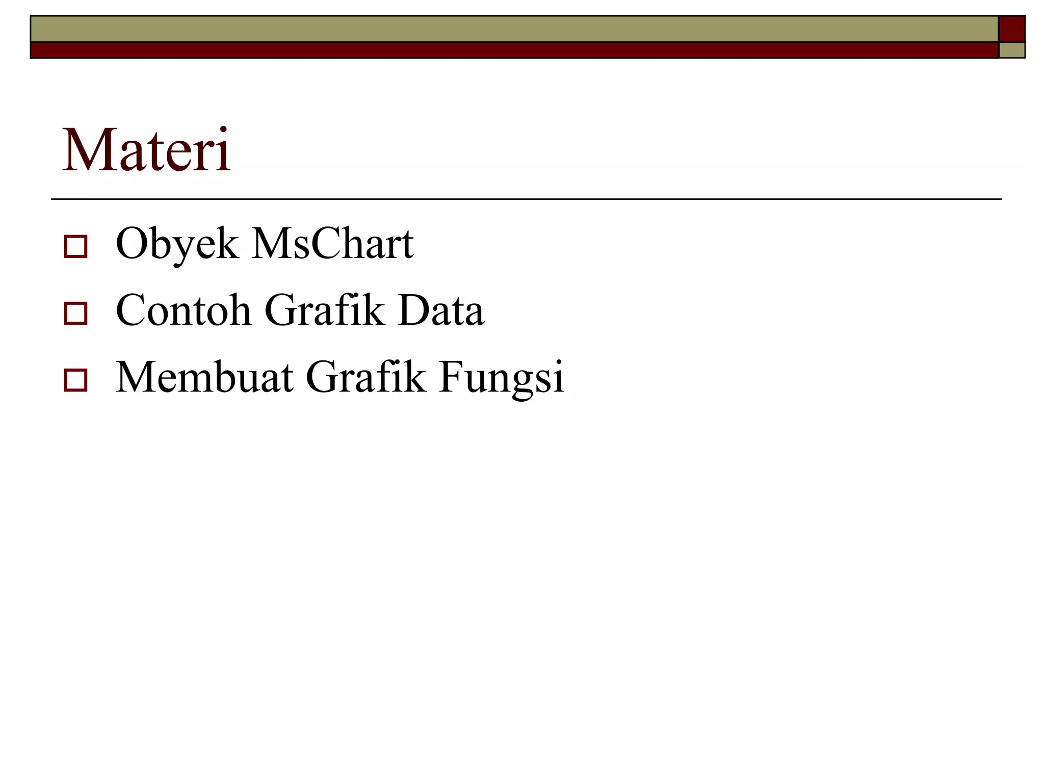 Materi
Obyek MsChart
Contoh Grafik Data
Membuat Grafik Fungsi

 