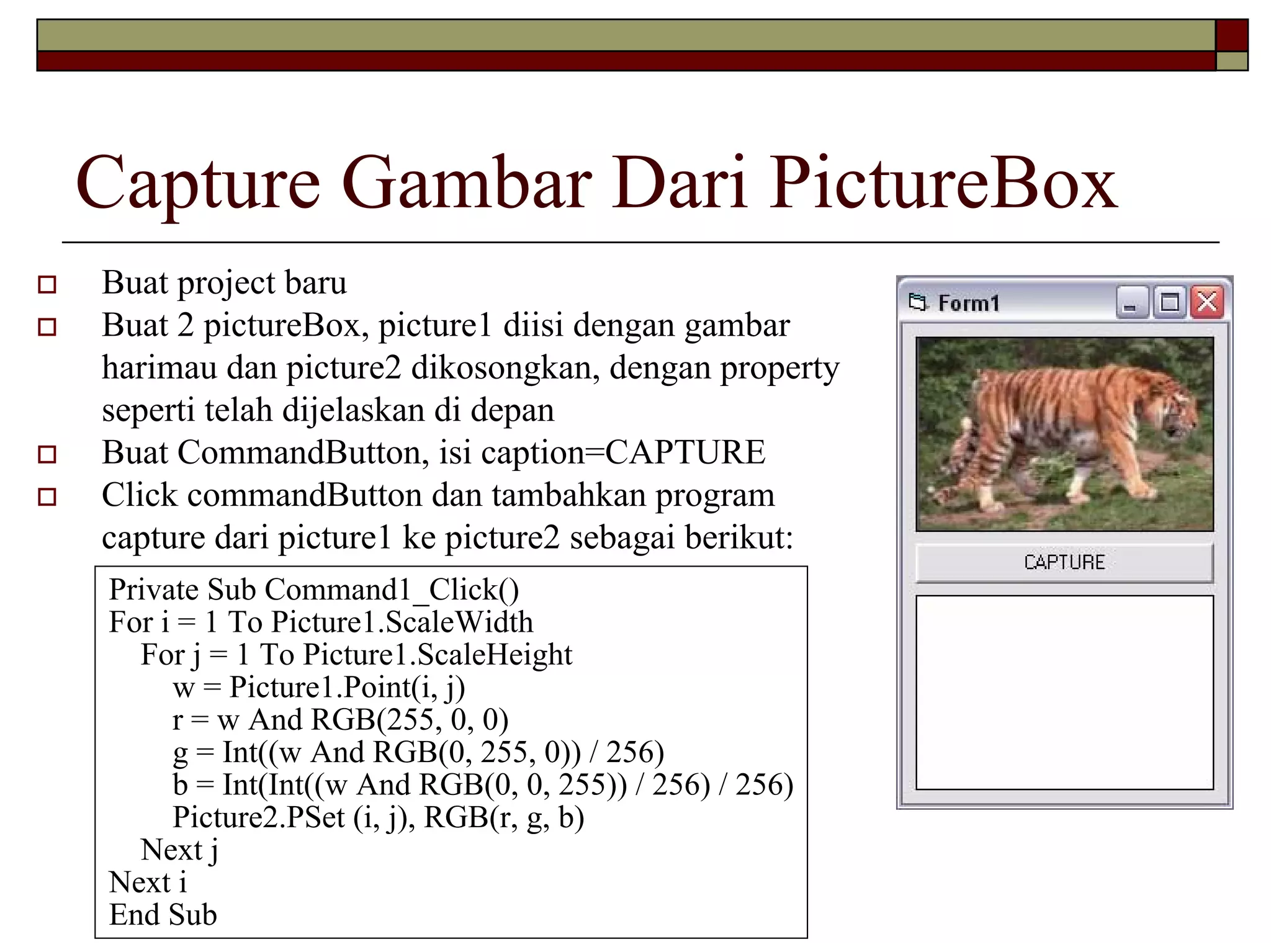 Capture Gambar Dari PictureBox
Buat project baru
Buat 2 pictureBox, picture1 diisi dengan gambar
harimau dan picture2 dikosongkan, dengan property
seperti telah dijelaskan di depan
Buat CommandButton, isi caption=CAPTURE
Click commandButton dan tambahkan program
capture dari picture1 ke picture2 sebagai berikut:
Private Sub Command1_Click()
For i = 1 To Picture1.ScaleWidth
For j = 1 To Picture1.ScaleHeight
w = Picture1.Point(i, j)
r = w And RGB(255, 0, 0)
g = Int((w And RGB(0, 255, 0)) / 256)
b = Int(Int((w And RGB(0, 0, 255)) / 256) / 256)
Picture2.PSet (i, j), RGB(r, g, b)
Next j
Next i
End Sub

 