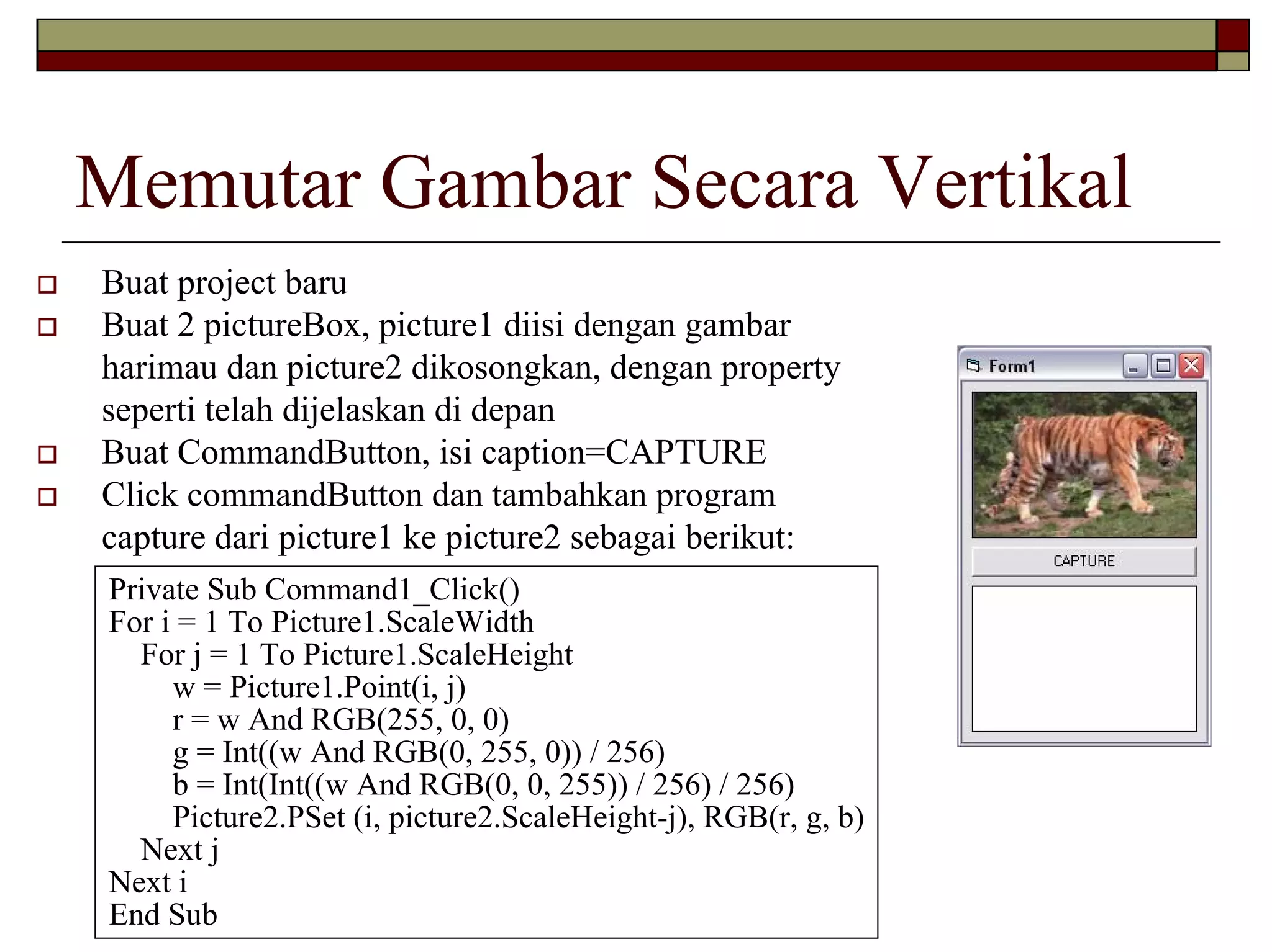 Memutar Gambar Secara Vertikal
Buat project baru
Buat 2 pictureBox, picture1 diisi dengan gambar
harimau dan picture2 dikosongkan, dengan property
seperti telah dijelaskan di depan
Buat CommandButton, isi caption=CAPTURE
Click commandButton dan tambahkan program
capture dari picture1 ke picture2 sebagai berikut:
Private Sub Command1_Click()
For i = 1 To Picture1.ScaleWidth
For j = 1 To Picture1.ScaleHeight
w = Picture1.Point(i, j)
r = w And RGB(255, 0, 0)
g = Int((w And RGB(0, 255, 0)) / 256)
b = Int(Int((w And RGB(0, 0, 255)) / 256) / 256)
Picture2.PSet (i, picture2.ScaleHeight-j), RGB(r, g, b)
Next j
Next i
End Sub

 