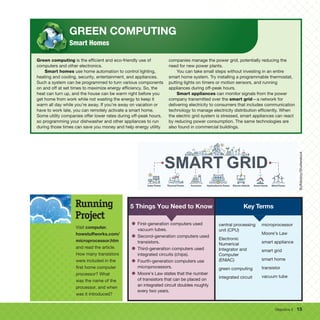 Objective 2 15
GREEN COMPUTING
Smart Homes
Green computing is the efficient and eco-friendly use of
computers and other electronics.
Smart homes use home automation to control lighting,
heating and cooling, security, entertainment, and appliances.
Such a system can be programmed to turn various components
on and off at set times to maximize energy efficiency. So, the
heat can turn up, and the house can be warm right before you
get home from work while not wasting the energy to keep it
warm all day while you’re away. If you’re away on vacation or
have to work late, you can remotely activate a smart home.
Some utility companies offer lower rates during off-peak hours,
so programming your dishwasher and other appliances to run
during those times can save you money and help energy utility
companies manage the power grid, potentially reducing the
need for new power plants.
You can take small steps without investing in an entire
smart home system. Try installing a programmable thermostat,
putting lights on timers or motion sensors, and running
appliances during off-peak hours.
Smart appliances can monitor signals from the power
company transmitted over the smart grid—a network for
delivering electricity to consumers that includes communication
technology to manage electricity distribution efficiently. When
the electric grid system is stressed, smart appliances can react
by reducing power consumption. The same technologies are
also found in commercial buildings.
Visit computer.
howstuffworks.com/
microprocessor.htm
and read the article.
How many transistors
were included in the
first home computer
processor? What
was the name of the
processor, and when
was it introduced?
Running
Project
Key Terms
5 Things You Need to Know
• First-generation computers used
vacuum tubes.
• Second-generation computers used
transistors.
• Third-generation computers used
integrated circuits (chips).
• Fourth-generation computers use
microprocessors.
• Moore’s Law states that the number
of transistors that can be placed on
an integrated circuit doubles roughly
every two years.
central processing
unit (CPU)
Electronic
Numerical
Integrator and
Computer
(ENIAC)
green computing
integrated circuit
microprocessor
Moore’s Law
smart appliance
smart grid
smart home
transistor
vacuum tube
Buffaloboy/Shutterstock
 