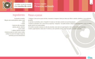 Receitas salgadas                                                                                                       18
                                                                                                                                                                                      18

                                                              Pimentão recheado


                   Ingredientes                  Passo-a-passo
                       6 pimentões vermelhos     1. Refogue a carne com um pouco de óleo, a mostarda, os temperos e deixe pra colocar por último a salsinha, cebolinha e o ovo cozido bem
500g de carne moída (patinho, alcatra, coxão     picadinho.
                                         mole)   2. Lave bem os pimentões, corte a “tampinha” de cada um e tire toda a semente com uma faca pequena.
                                      1 cebola   3. Recheie os pimentões com a carne, feche as respectivas “tampinhas” com palito de dente. Coloque em uma forma bem untada de azeite e
                 2 dentes de alho amassados      pincele cada um com azeite também.
                  salsinha, alecrim, cebolinha   4. Por último acomode as batatas em volta dos pimentões, cubra tudo com papel alumínio e leve ao forno médio por meia hora.
                                2 ovos cozidos   5. Retire o papel alumínio e deixe mais 15 minutos ou até o pimentão começar a ficar enrugado e as batatas douradas.
                1 colheres (café) de mostarda
 6 batatas picadas em cubos e pouco cozidas
   (coloque um pouco de vinagre na água do
         cozimento pra ela não desmanchar)
 