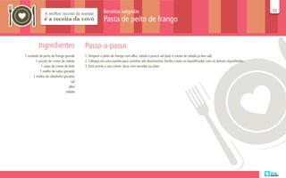 Receitas salgadas                                                                                       22
                                                                                                                                                             22

                                                     Pasta de peito de frango


          Ingredientes                  Passo-a-passo
1 unidade de peito de frango grande     1. Tempere o peito de frango com alho, cebola e pouco sal (pois o creme de cebola já tem sal).
        1 pacote de creme de cebola     2. Coloque em uma panela para cozinhar até desmanchar. Desfie e bata no liquidificador com os demais ingredientes.
            1 caixa de creme de leite   3. Está pronto o seu creme. Sirva com torradas ou pães.
           1 molho de salsa (picada)
      1 molho de cebolinha (picada)
                                  sal
                                alho
                              cebola
 