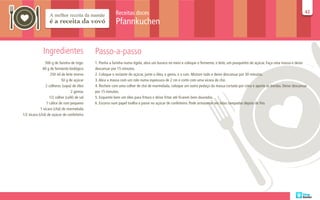 Receitas doces                                                                                                        42
                                                                                                                                                                               42

                                                         Pfannkuchen


              Ingredientes                   Passo-a-passo
               500 g de farinha de trigo.    1. Ponha a farinha numa tigela, abra um buraco no meio e coloque o fermento, o leite, um pouquinho do açúcar. Faça uma massa e deixe
              40 g de fermento biológico     descansar por 15 minutos.
                   250 ml de leite morno     2. Coloque o restante do açúcar, junte o óleo, a gema, e o rum. Misture tudo e deixe descansar por 30 minutos.
                          50 g de açúcar     3. Abra a massa com um rolo numa espessura de 2 cm e corte com uma xícara de chá.
                2 colheres (sopa) de óleo    4. Recheie com uma colher de chá de marmelada, coloque um outro pedaço da massa cortada por cima e aperte as bordas. Deixe descansar
                                 2 gemas     por 15 minutos.
                  1/2 colher (café) de sal   5. Esquente bem um óleo para fritura e deixe fritar até ficarem bem dourados.
                1 cálice de rum pequeno      6. Escorra num papel toalha e passe no açúcar de confeiteiro. Pode armazenar em latas tampadas depois de frio.
            1 xícara (chá) de marmelada
1/2 xícara (chá) de açúcar de confeiteiro
 